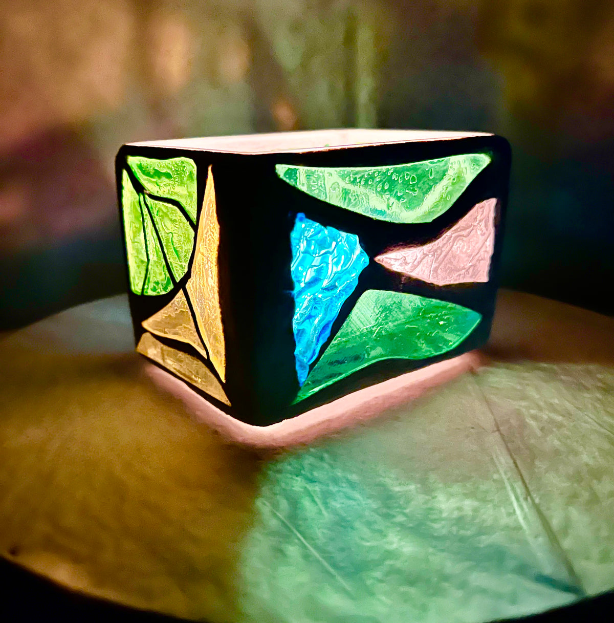 “Dreams in Green”Stained Glass Candleholder,  Handmade bright green, blue, yellow, clear stained glass 3x4” Cathedral Candle.