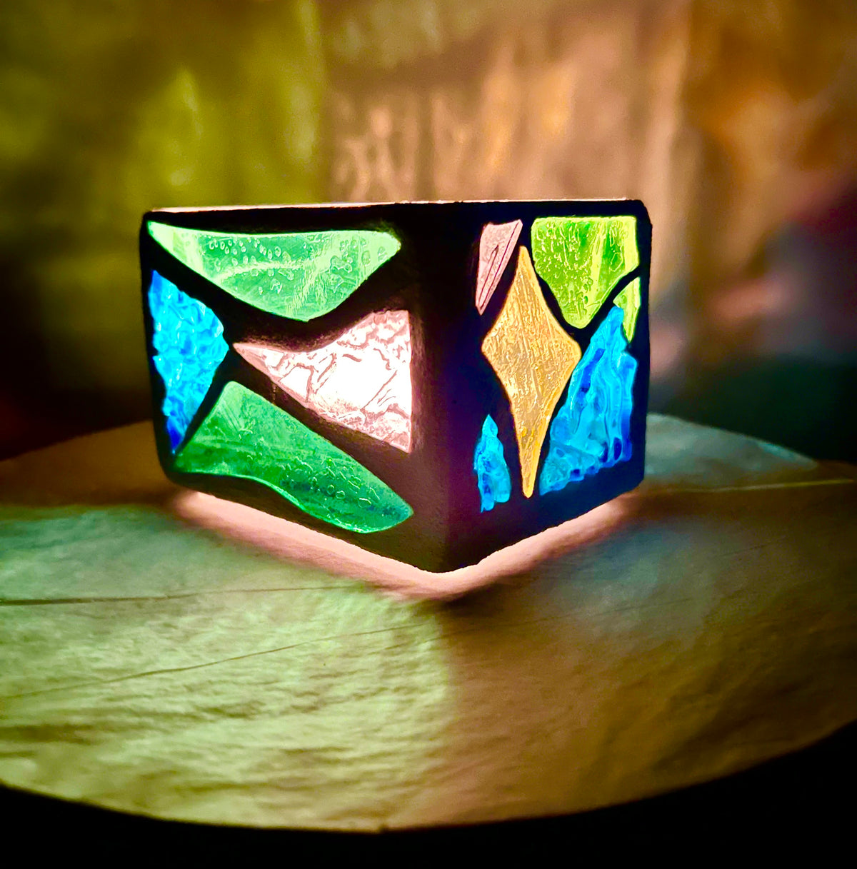 “Dreams in Green”Stained Glass Candleholder,  Handmade bright green, blue, yellow, clear stained glass 3x4” Cathedral Candle.