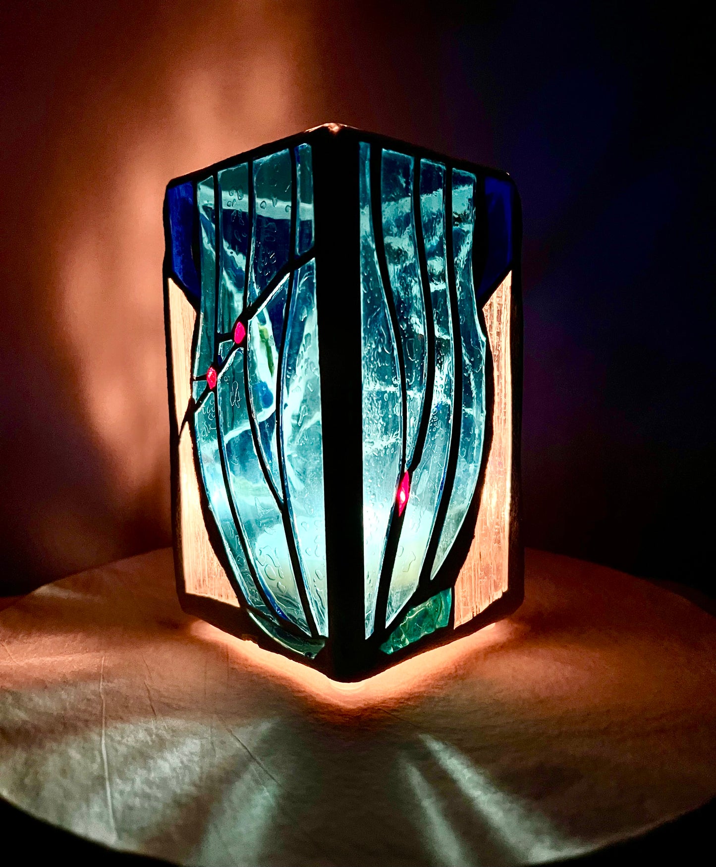 "Blue Vessel" Stained glass candleholder , blue, a little red, and crystal clear glass, bright white grout