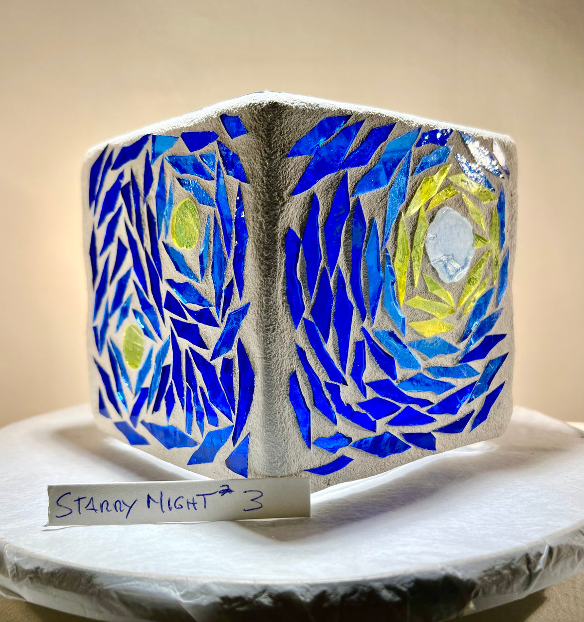 "Starry Night Squared" Stained Glass Candleholder made from several blues, yellow, violet, and crystal clear glass, sister to Starry Night.