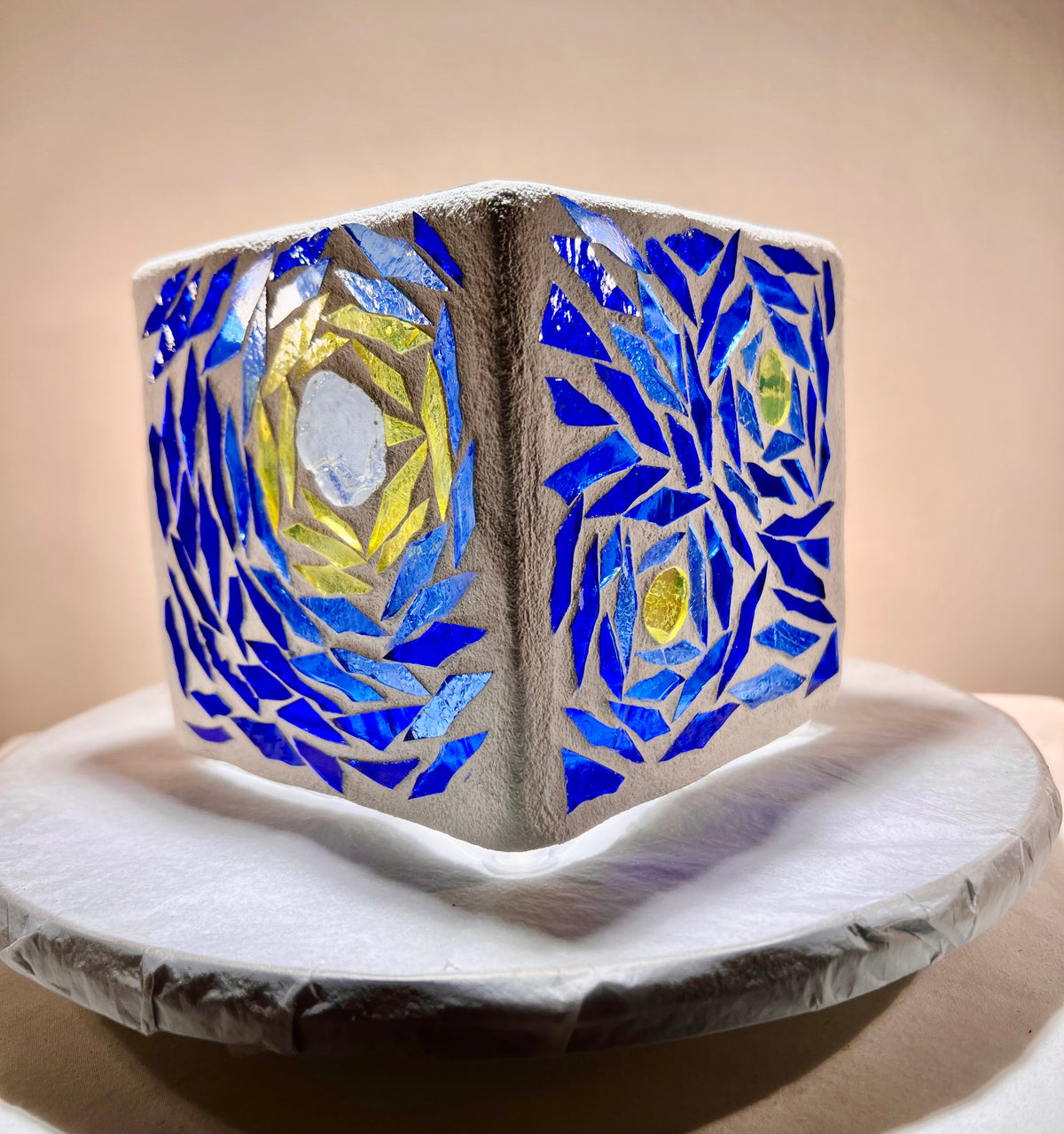 "Starry Night Squared" Stained Glass Candleholder made from several blues, yellow, violet, and crystal clear glass, sister to Starry Night.