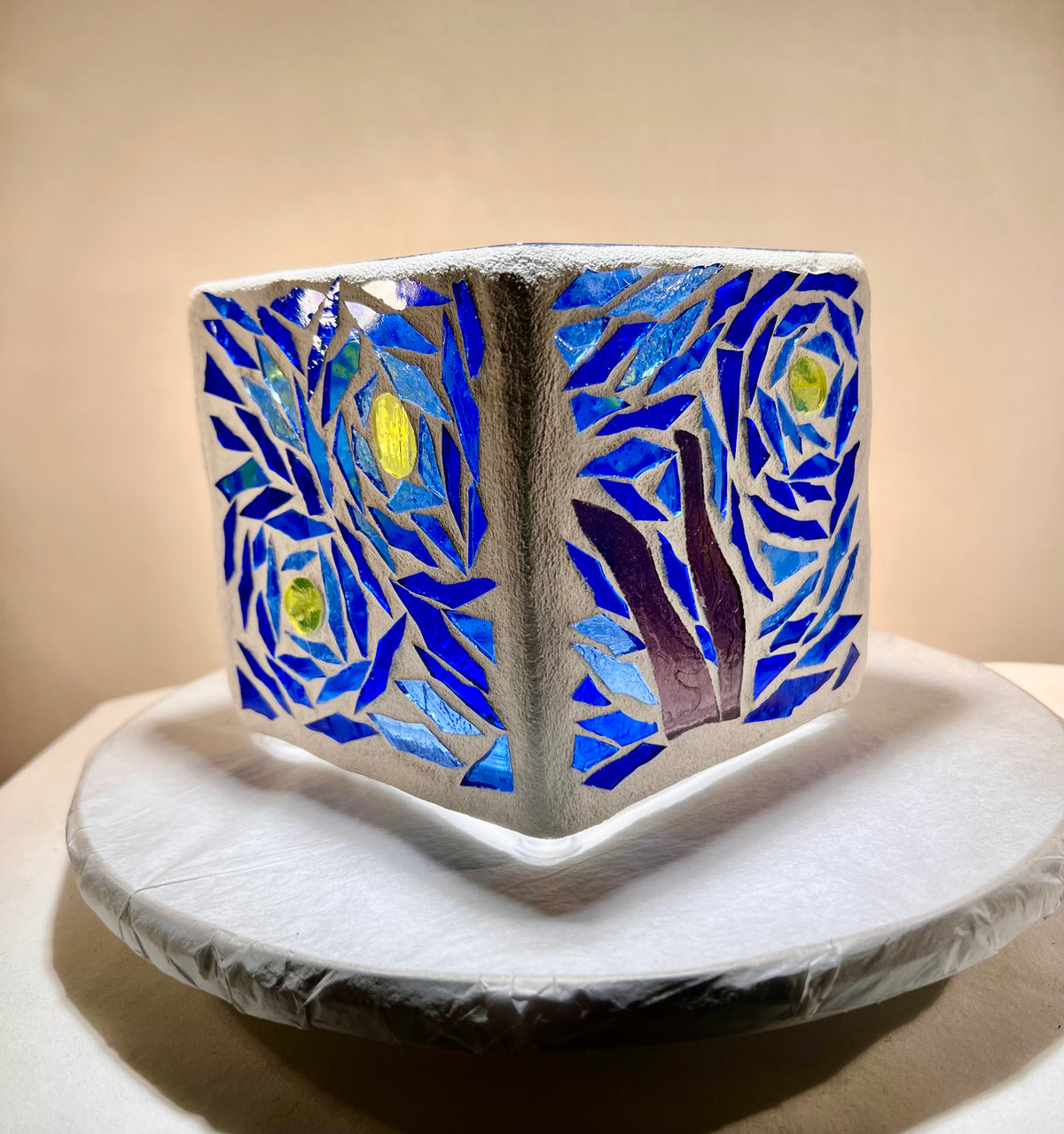"Starry Night Squared" Stained Glass Candleholder made from several blues, yellow, violet, and crystal clear glass, sister to Starry Night.