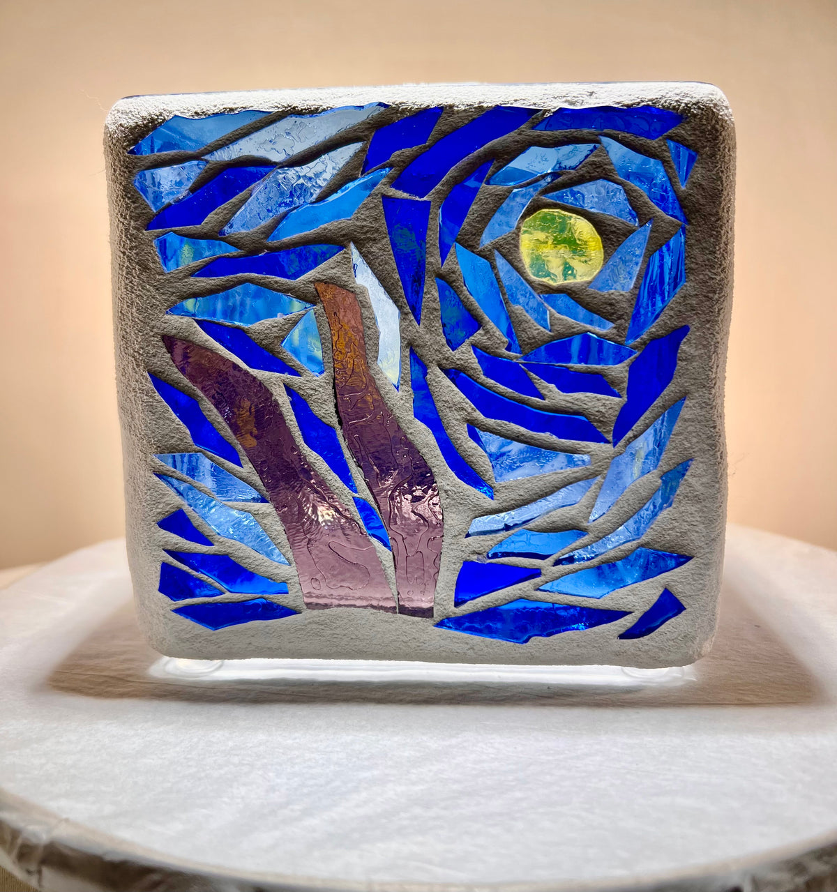 "Starry Night Squared" Stained Glass Candleholder made from several blues, yellow, violet, and crystal clear glass, sister to Starry Night.