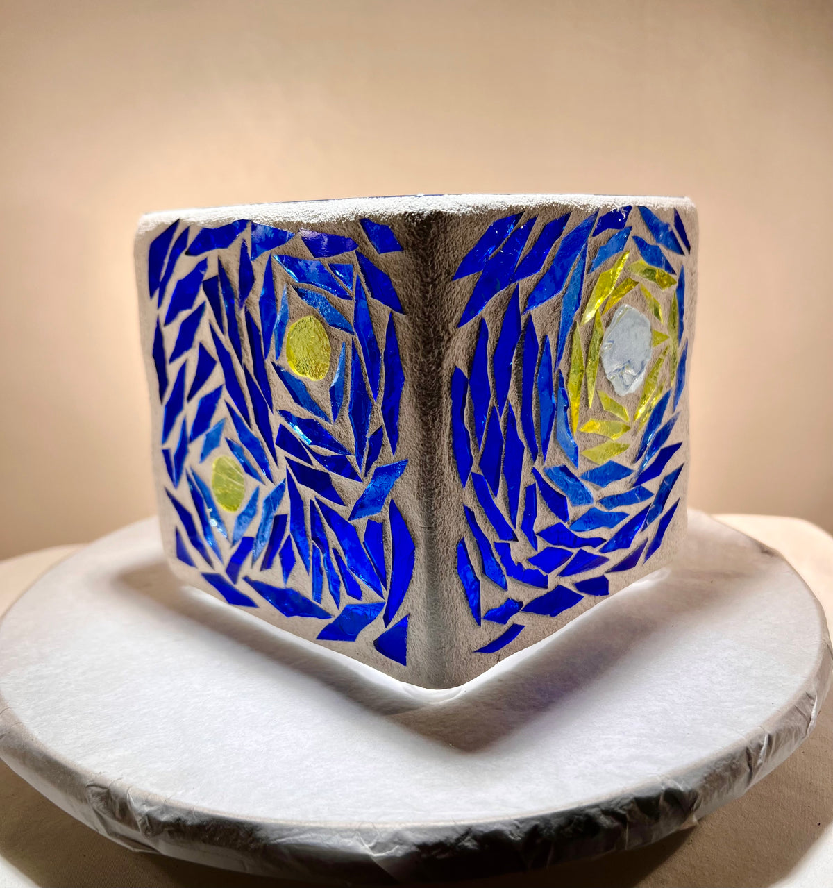 "Starry Night Squared" Stained Glass Candleholder made from several blues, yellow, violet, and crystal clear glass, sister to Starry Night.