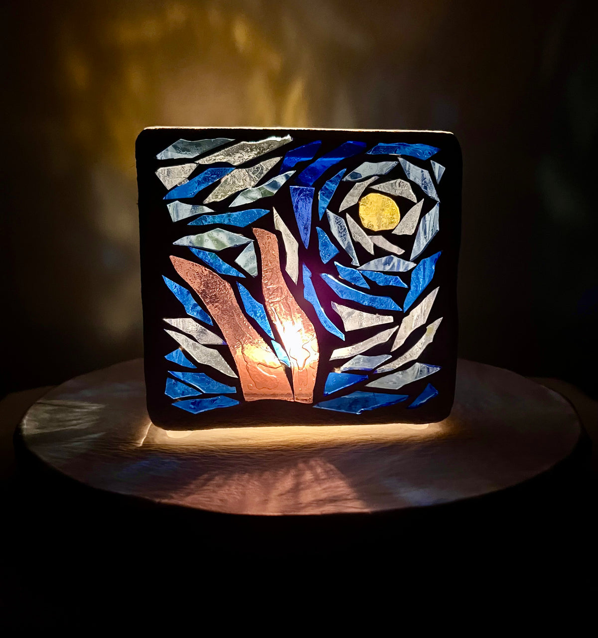 "Starry Night Squared" Stained Glass Candleholder made from several blues, yellow, violet, and crystal clear glass, sister to Starry Night.