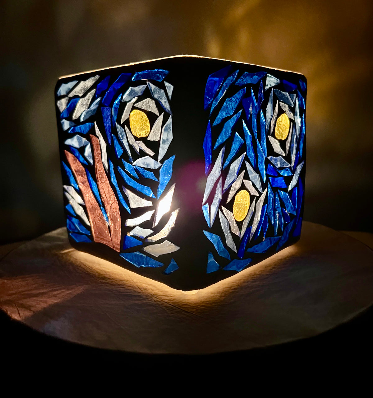 "Starry Night Squared" Stained Glass Candleholder made from several blues, yellow, violet, and crystal clear glass, sister to Starry Night.