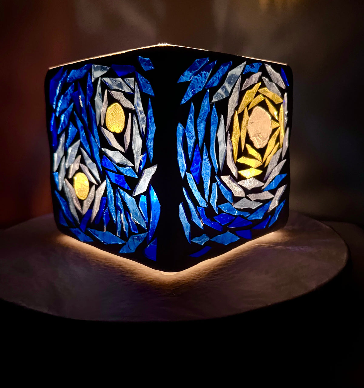 "Starry Night Squared" Stained Glass Candleholder made from several blues, yellow, violet, and crystal clear glass, sister to Starry Night.
