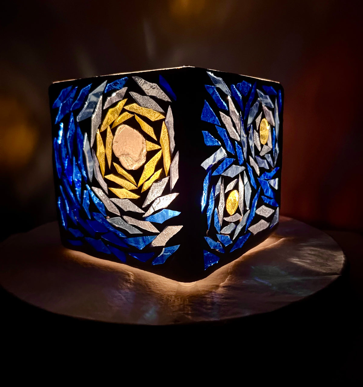 "Starry Night Squared" Stained Glass Candleholder made from several blues, yellow, violet, and crystal clear glass, sister to Starry Night.