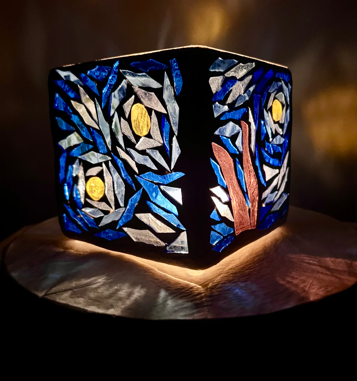 "Starry Night Squared" Stained Glass Candleholder made from several blues, yellow, violet, and crystal clear glass, sister to Starry Night.