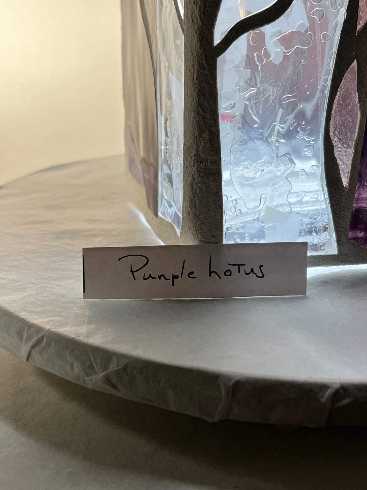 Stained Glass Candleholder “Purple Lotus” – Purple, Pink and Clear Glass – White Grout, 12x4x4"