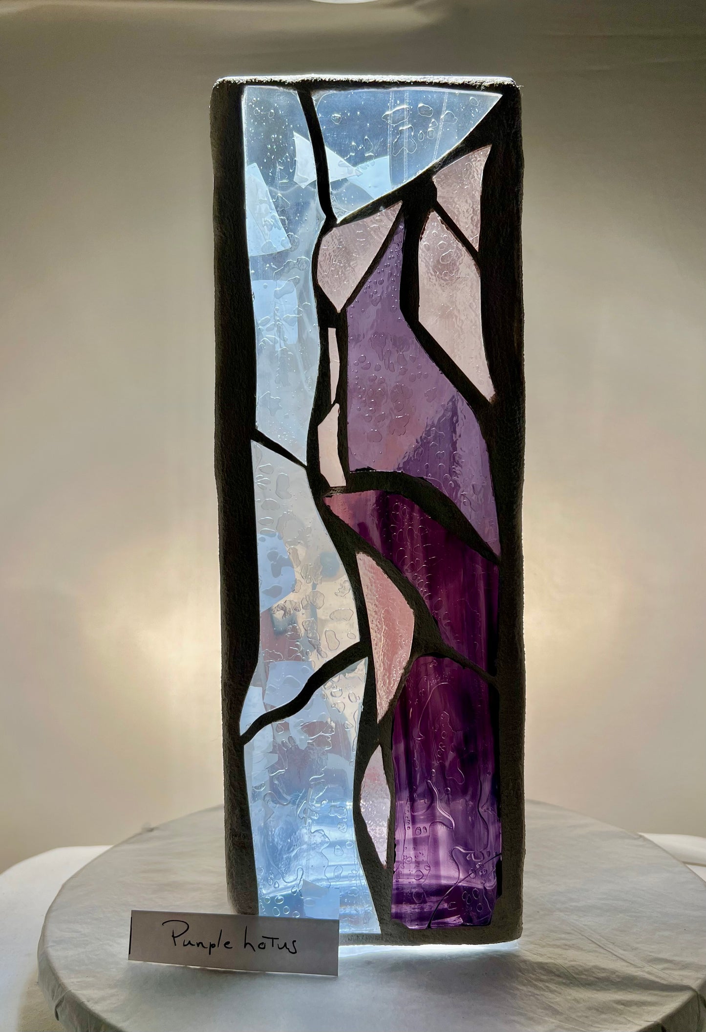 Stained Glass Candleholder “Purple Lotus” – Purple, Pink and Clear Glass – White Grout, 12x4x4"