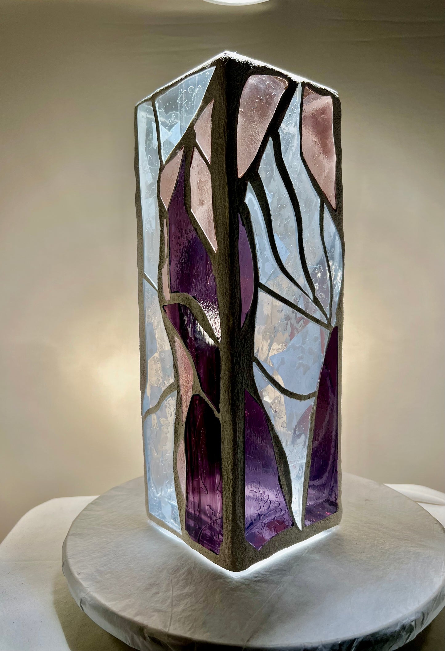 Stained Glass Candleholder “Purple Lotus” – Purple, Pink and Clear Glass – White Grout, 12x4x4"