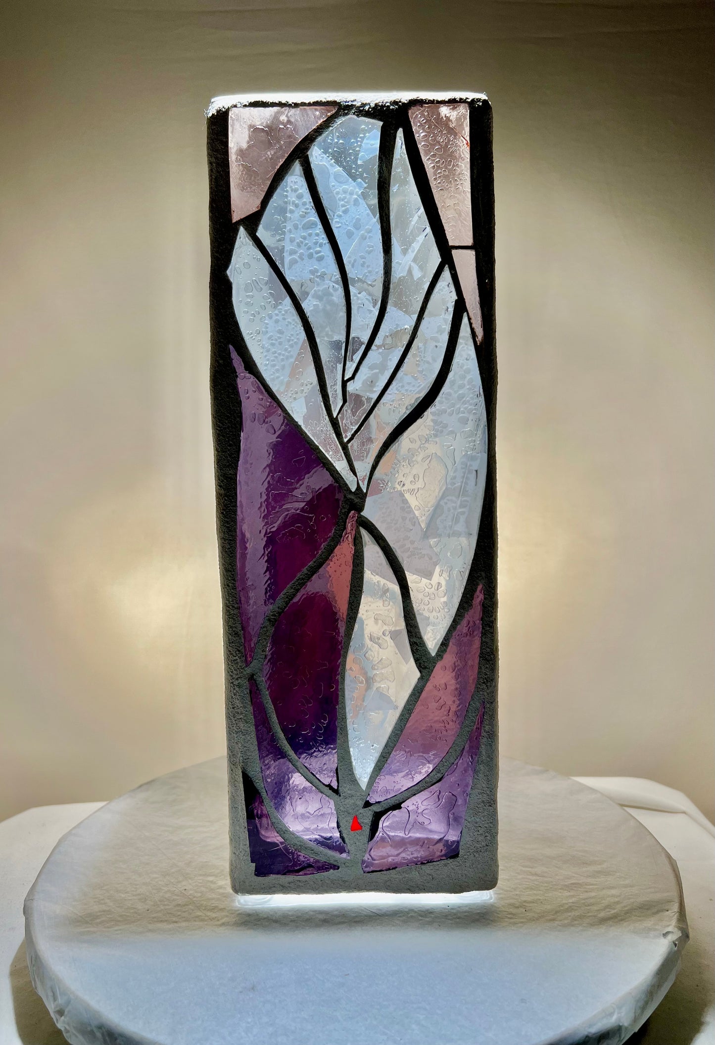 Stained Glass Candleholder “Purple Lotus” – Purple, Pink and Clear Glass – White Grout, 12x4x4"