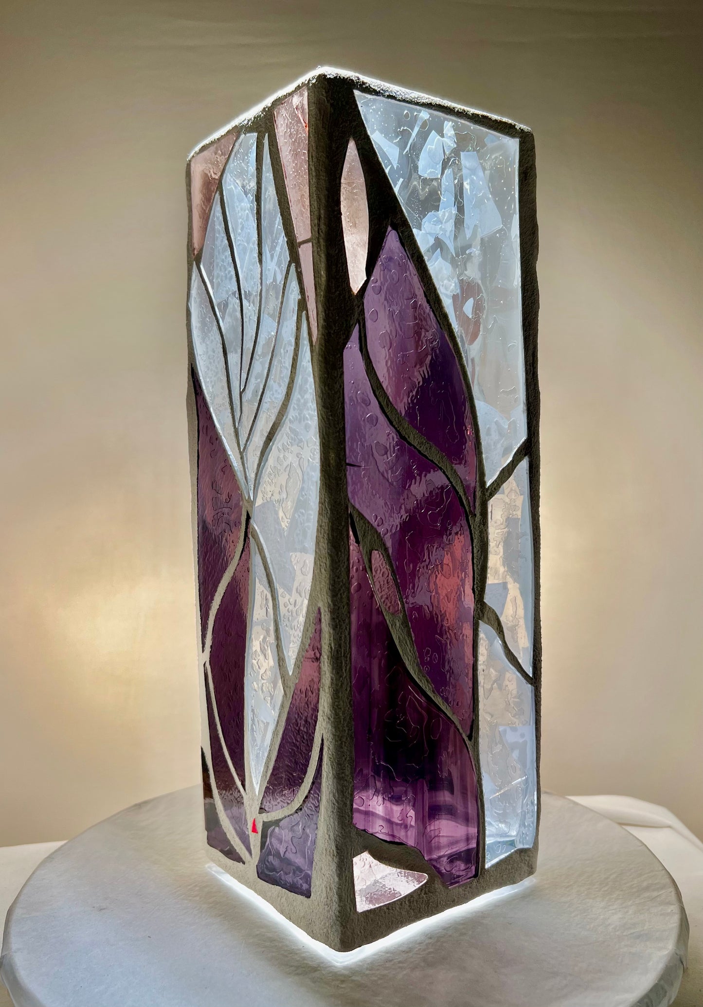 Stained Glass Candleholder “Purple Lotus” – Purple, Pink and Clear Glass – White Grout, 12x4x4"