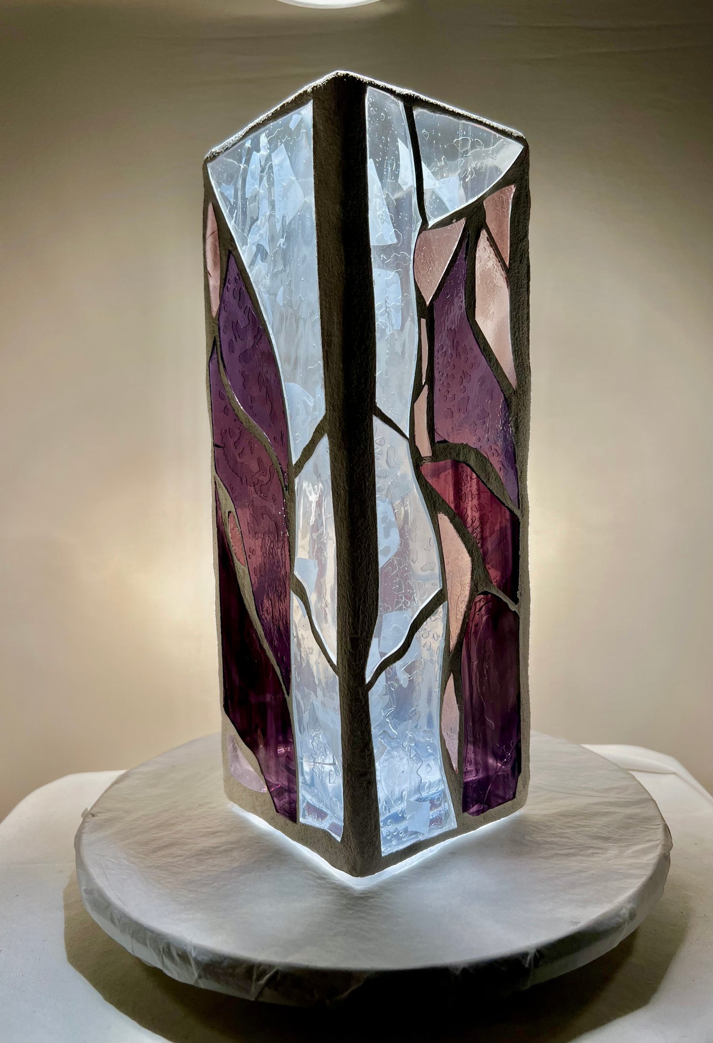 Stained Glass Candleholder “Purple Lotus” – Purple, Pink and Clear Glass – White Grout, 12x4x4"