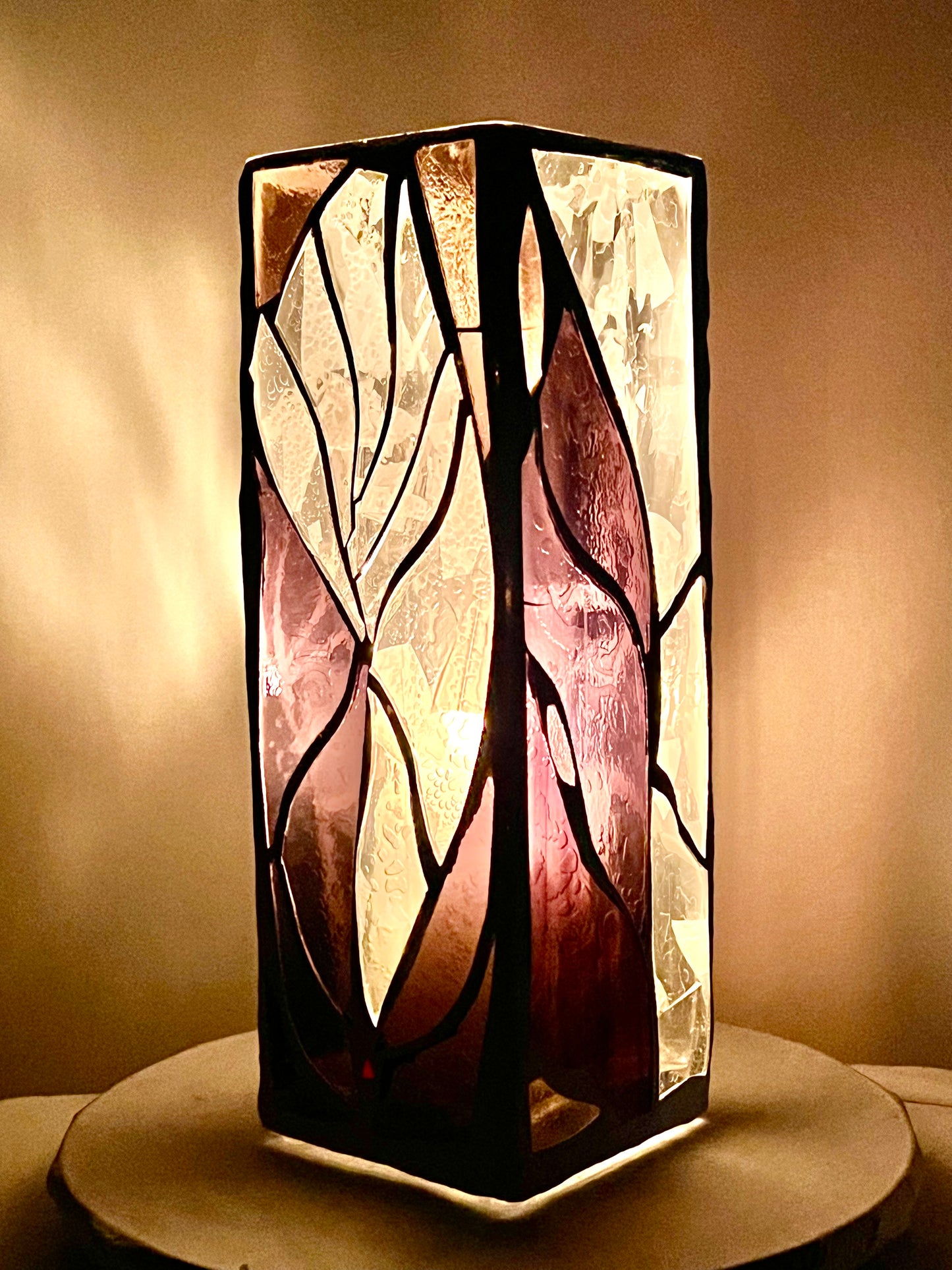 Stained Glass Candleholder “Purple Lotus” – Purple, Pink and Clear Glass – White Grout, 12x4x4"