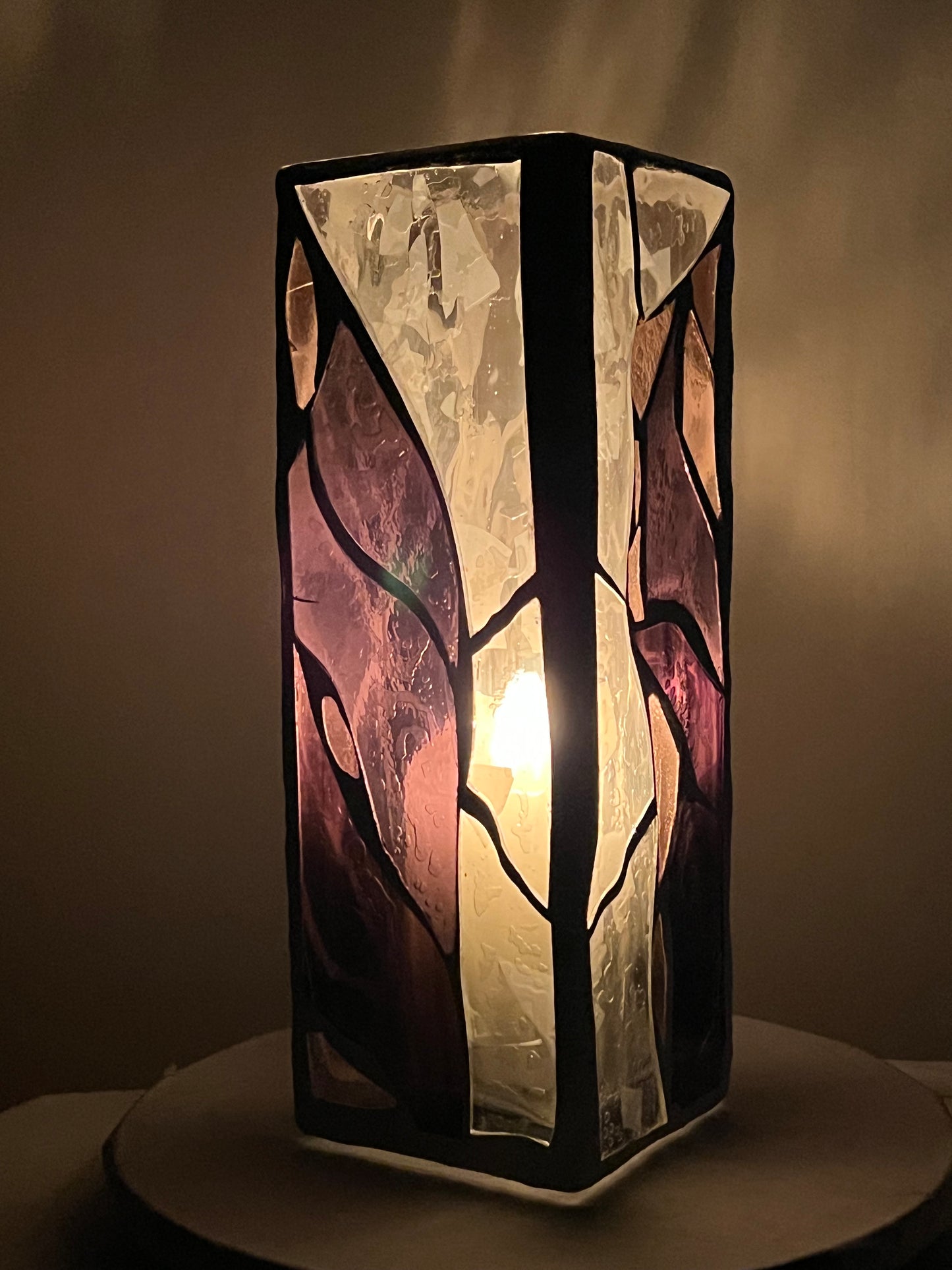 Stained Glass Candleholder “Purple Lotus” – Purple, Pink and Clear Glass – White Grout, 12x4x4"