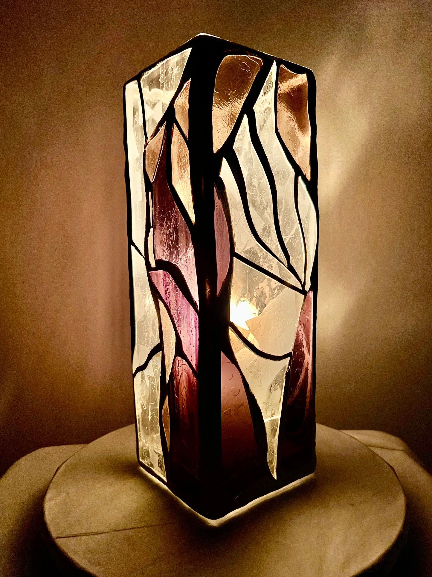 Stained Glass Candleholder “Purple Lotus” – Purple, Pink and Clear Glass – White Grout, 12x4x4"
