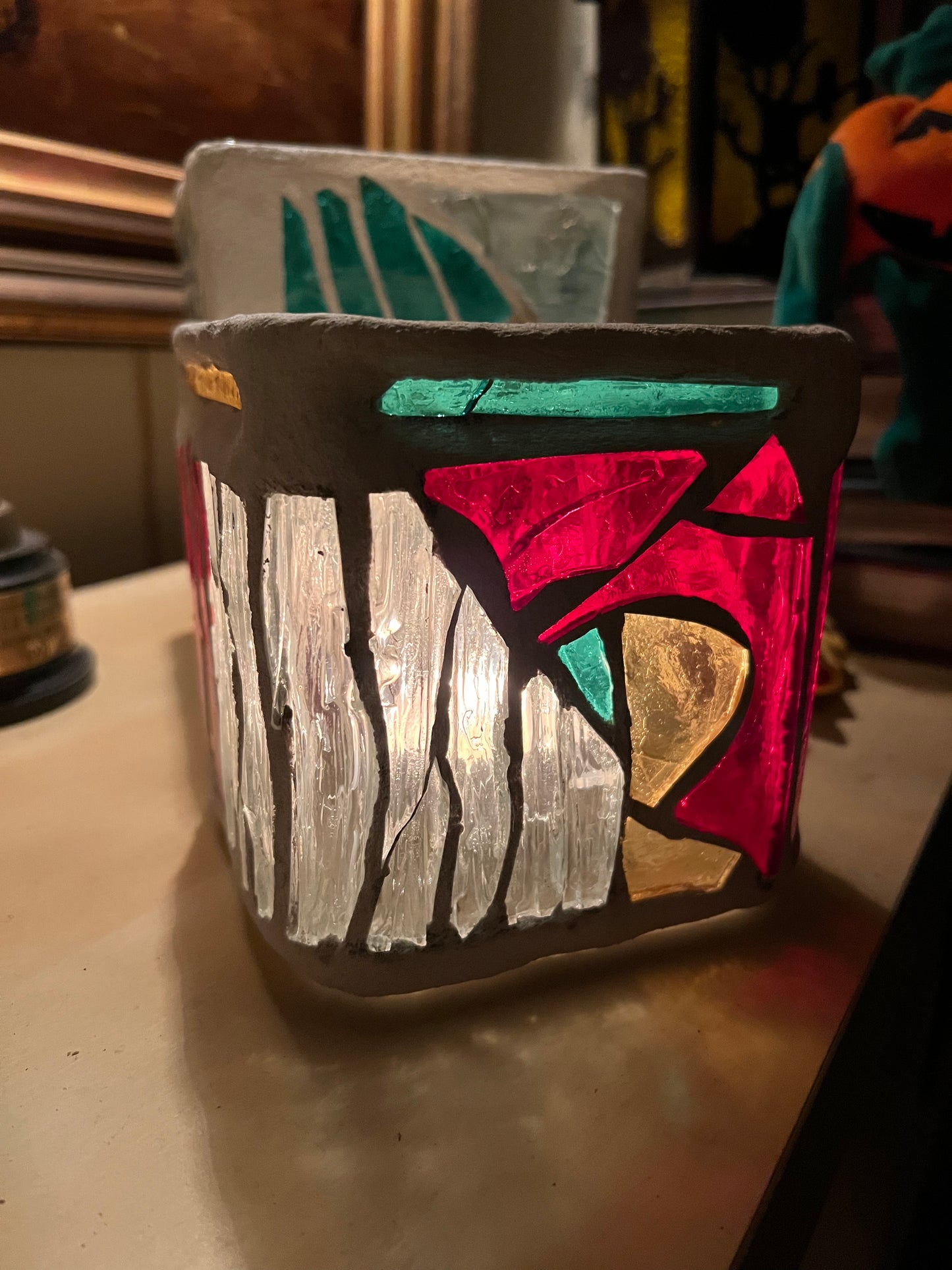 "Candy Jar" Stained Glass Candle Holder – Repurposed Charm with Colored Light