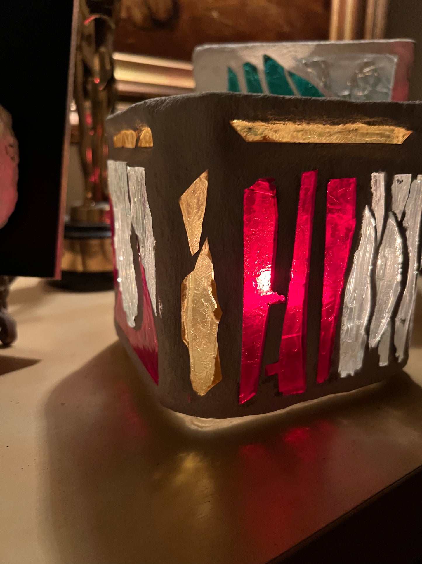 "Candy Jar" Stained Glass Candle Holder – Repurposed Charm with Colored Light