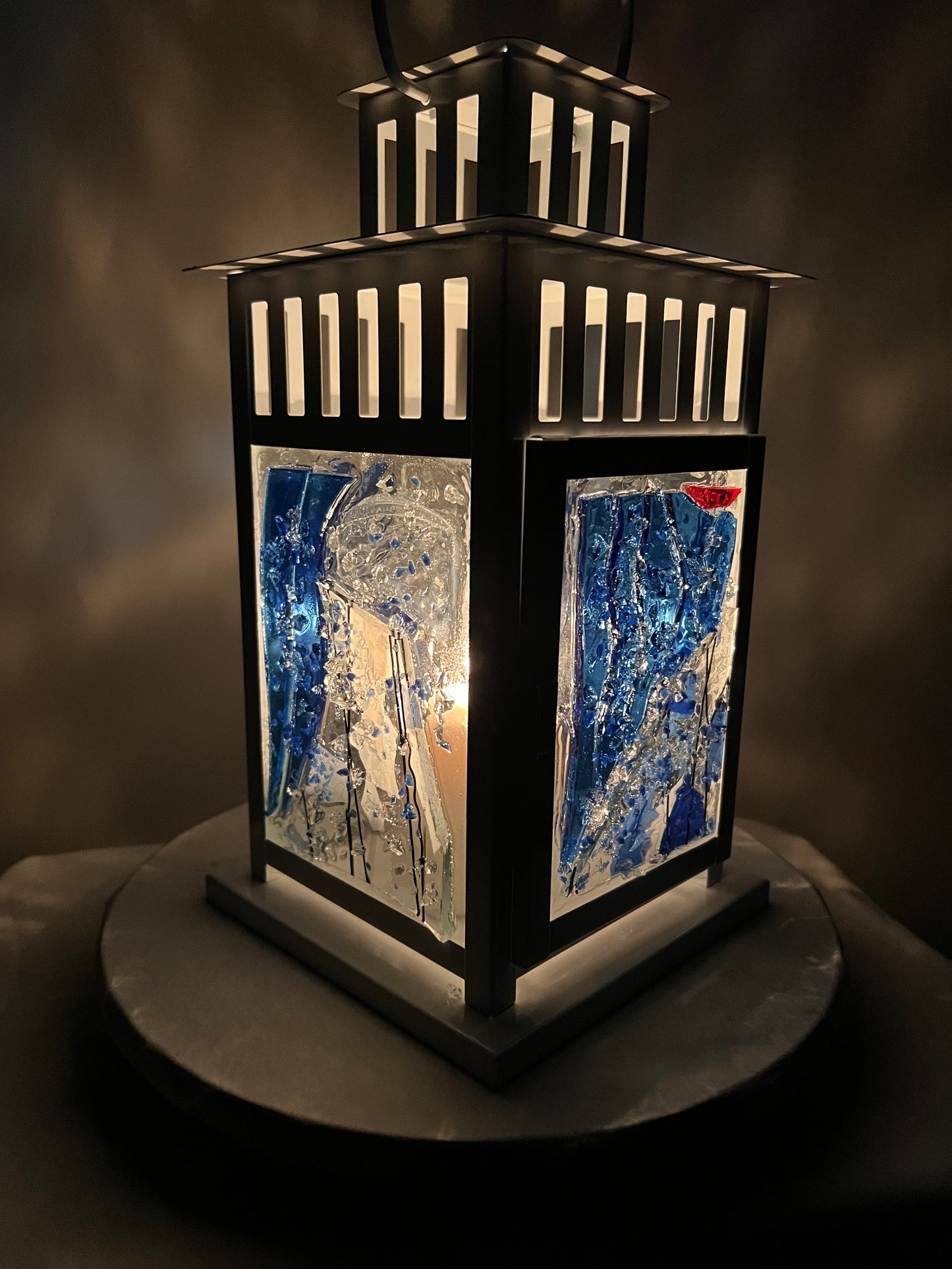 "Blue Skies" Lantern - Stained Glass and Recycled Glass Candle Holder