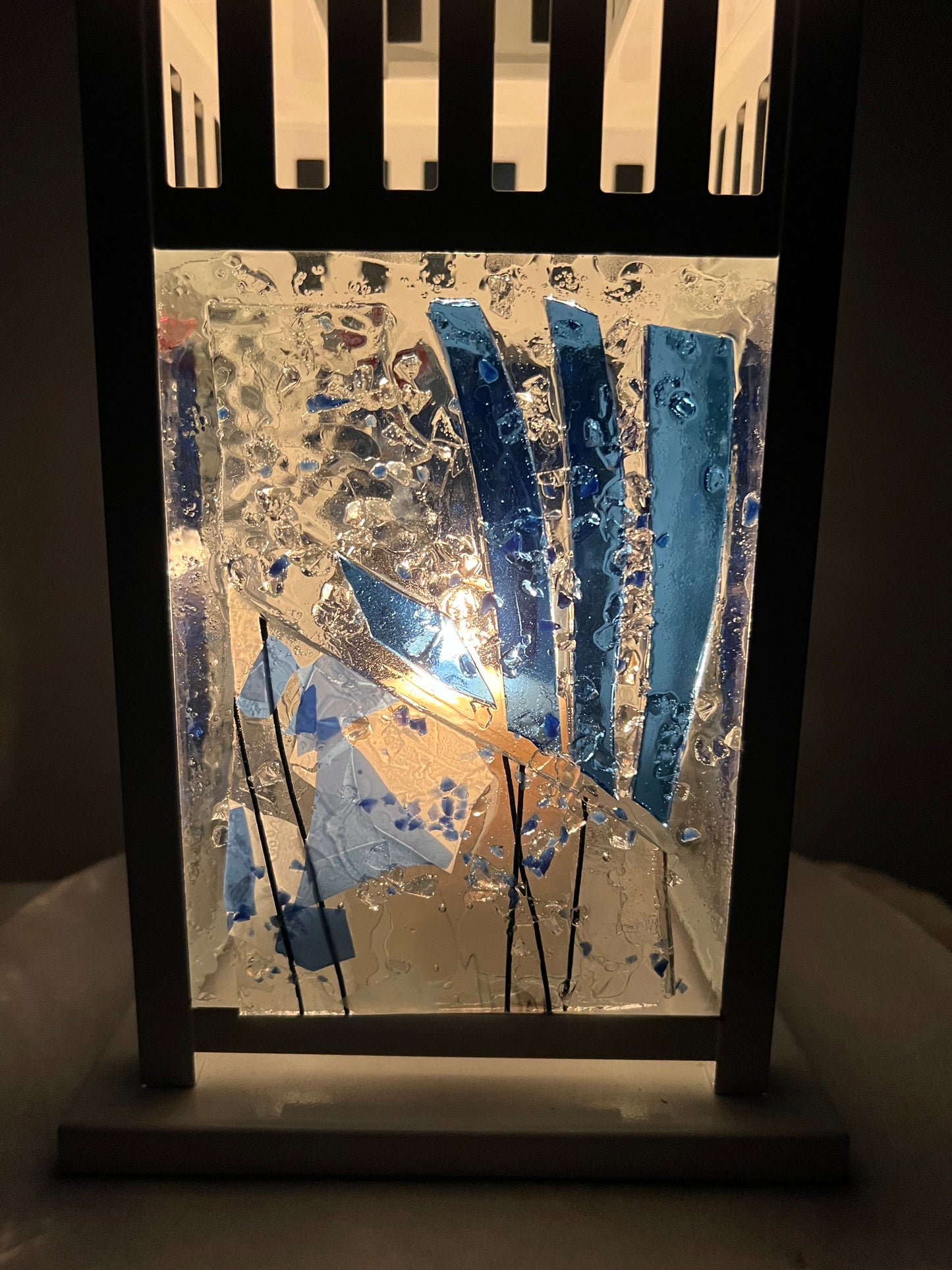 "Blue Skies" Lantern - Stained Glass and Recycled Glass Candle Holder