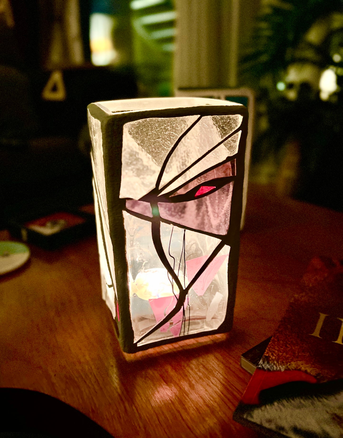 "Eye of Winter" – Frosted Stained Glass Cathedral Candleholder in Purples, Pinks & Clear Crystal