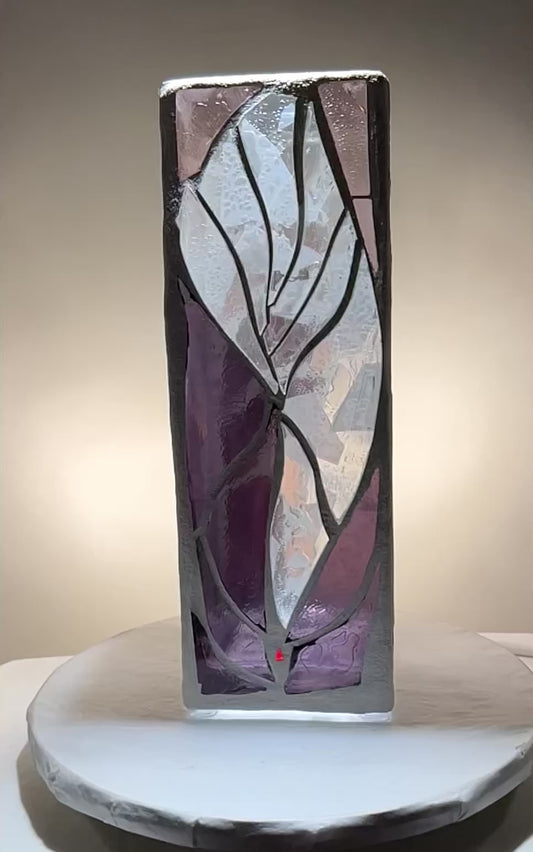 Stained Glass Candleholder “Purple Lotus” – Purple, Pink and Clear Glass – White Grout, 12x4x4"
