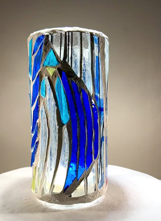 Stained Glass Candleholder "Blue Horizon" Blue, Yellow, Crystal Clear Glass 9x4"