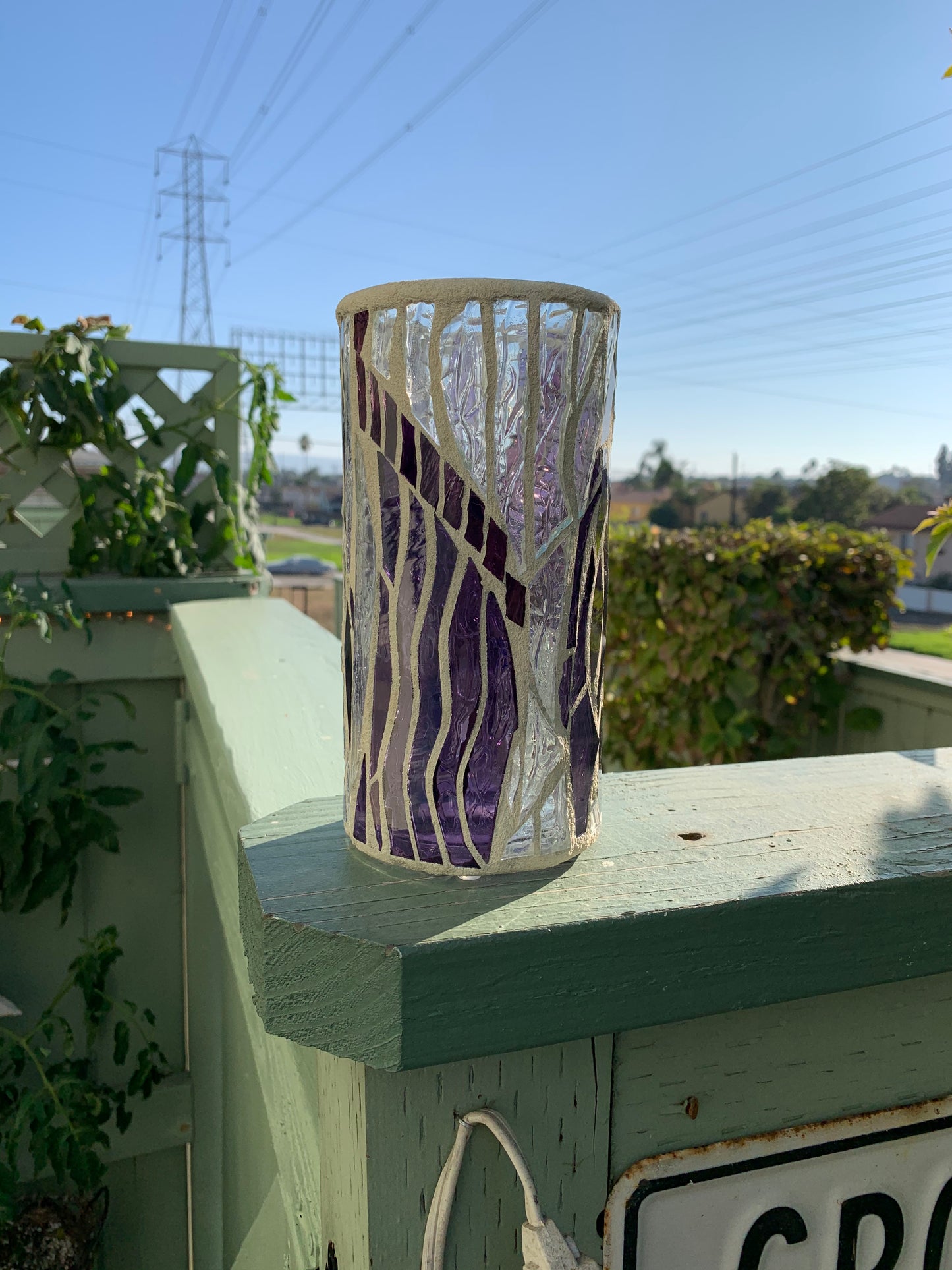 "The Purple Reign" - Regal Purple & Clear Crystal Stained Glass Candleholder