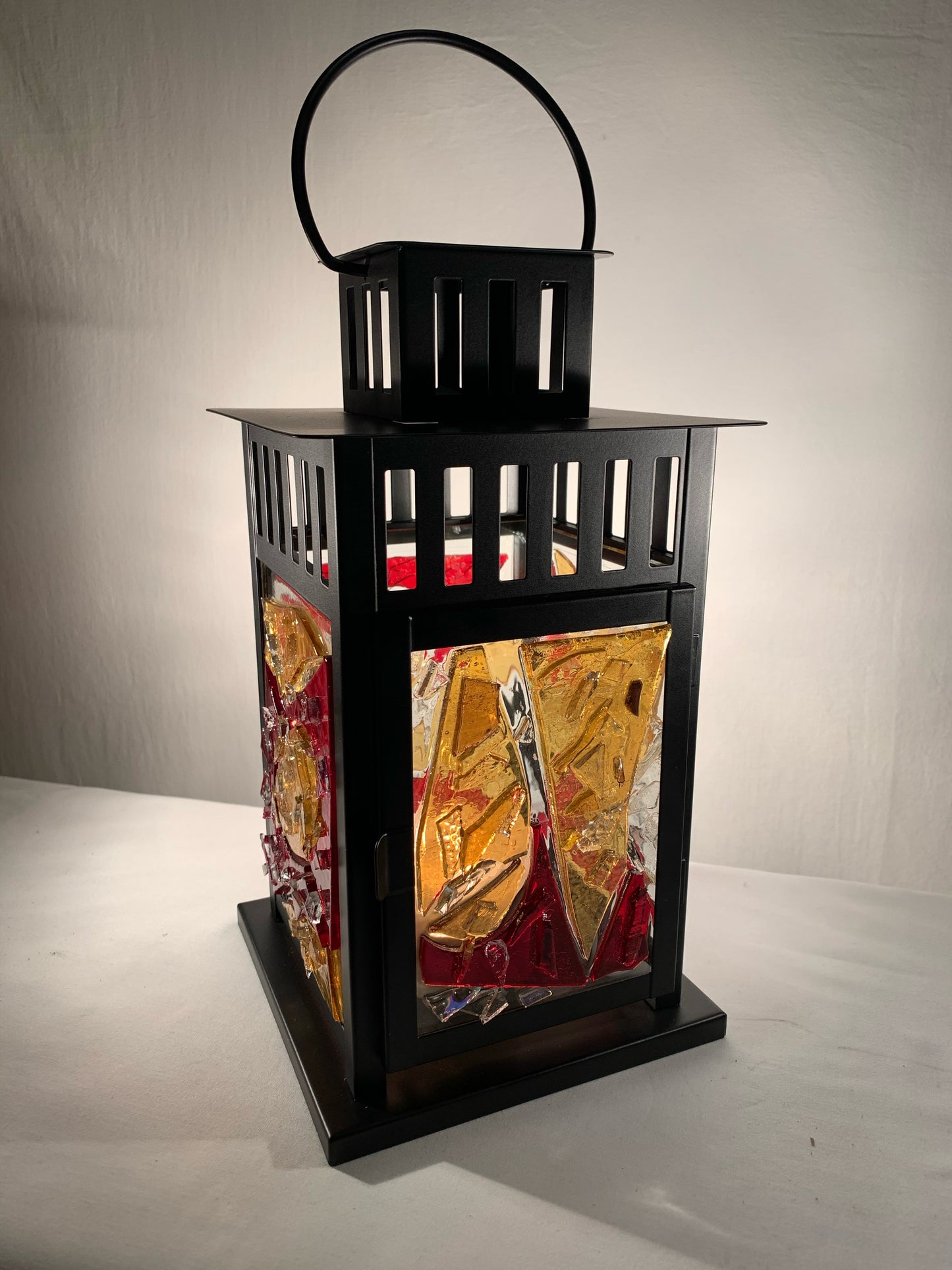 "Dark Magic: The Lantern" - Crimson, Yellow, and Clear Stained Glass, Halloween-Inspired Handcrafted Lantern"