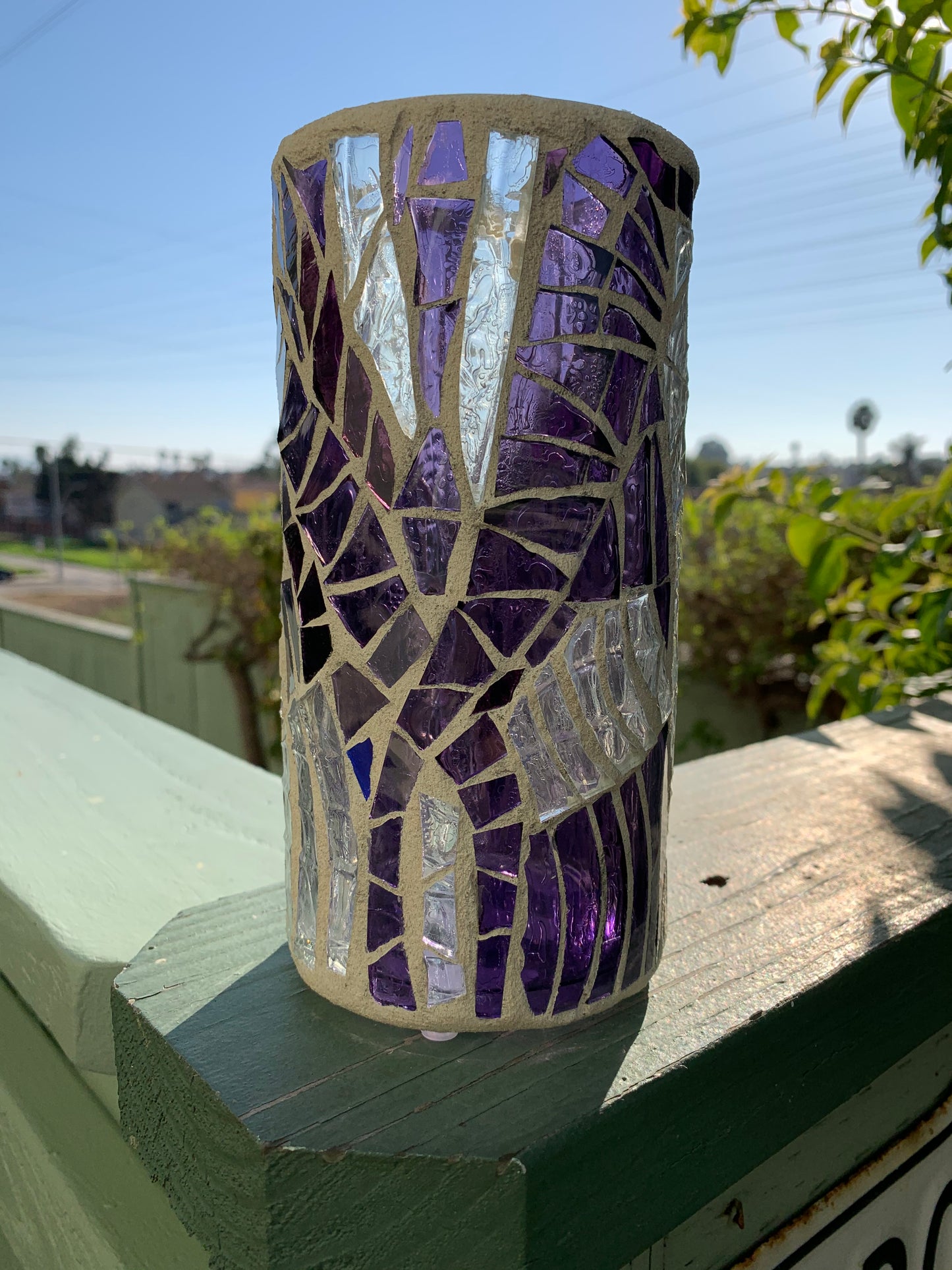 "The Purple Reign" - Regal Purple & Clear Crystal Stained Glass Candleholder