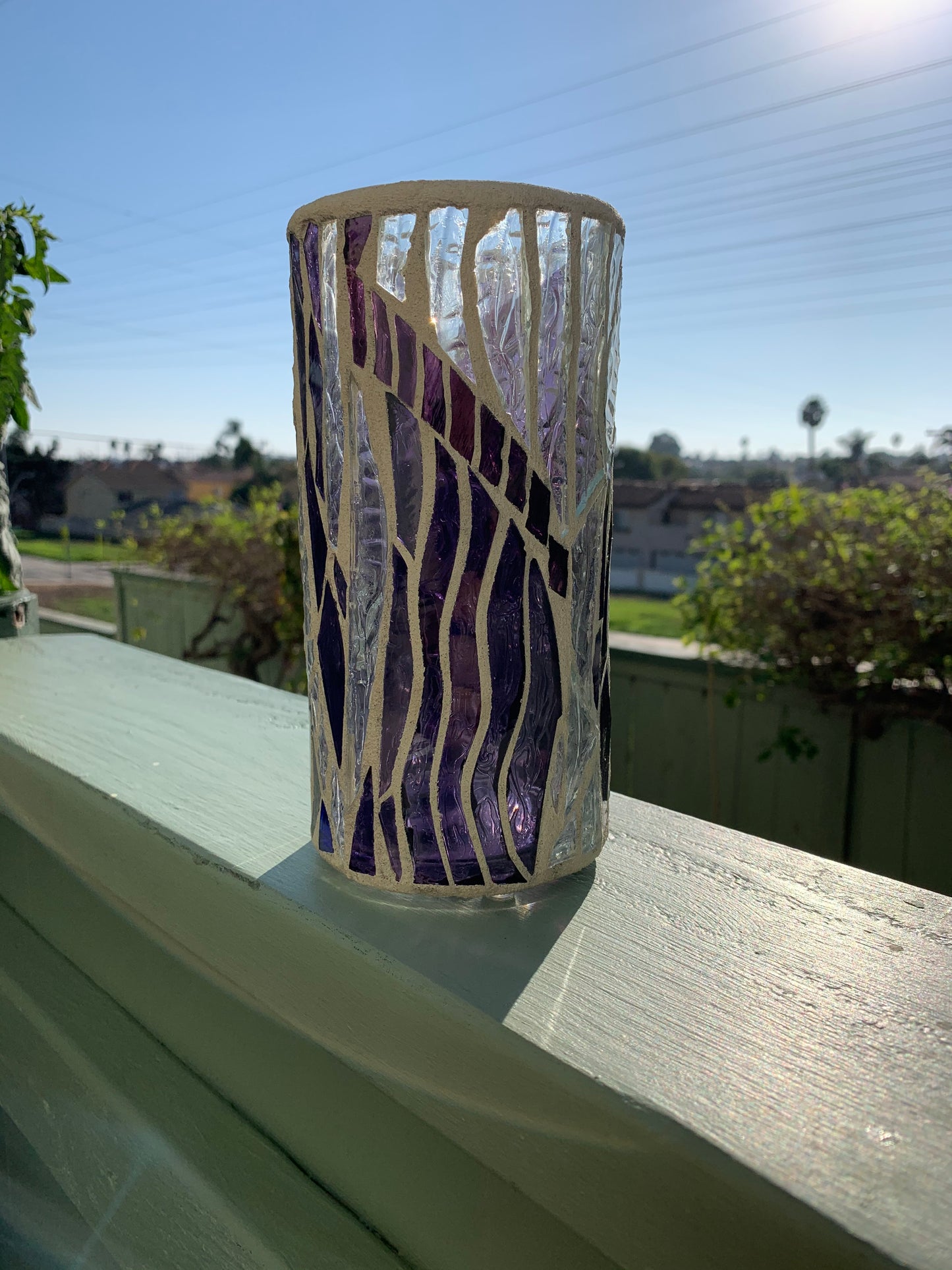 "The Purple Reign" - Regal Purple & Clear Crystal Stained Glass Candleholder