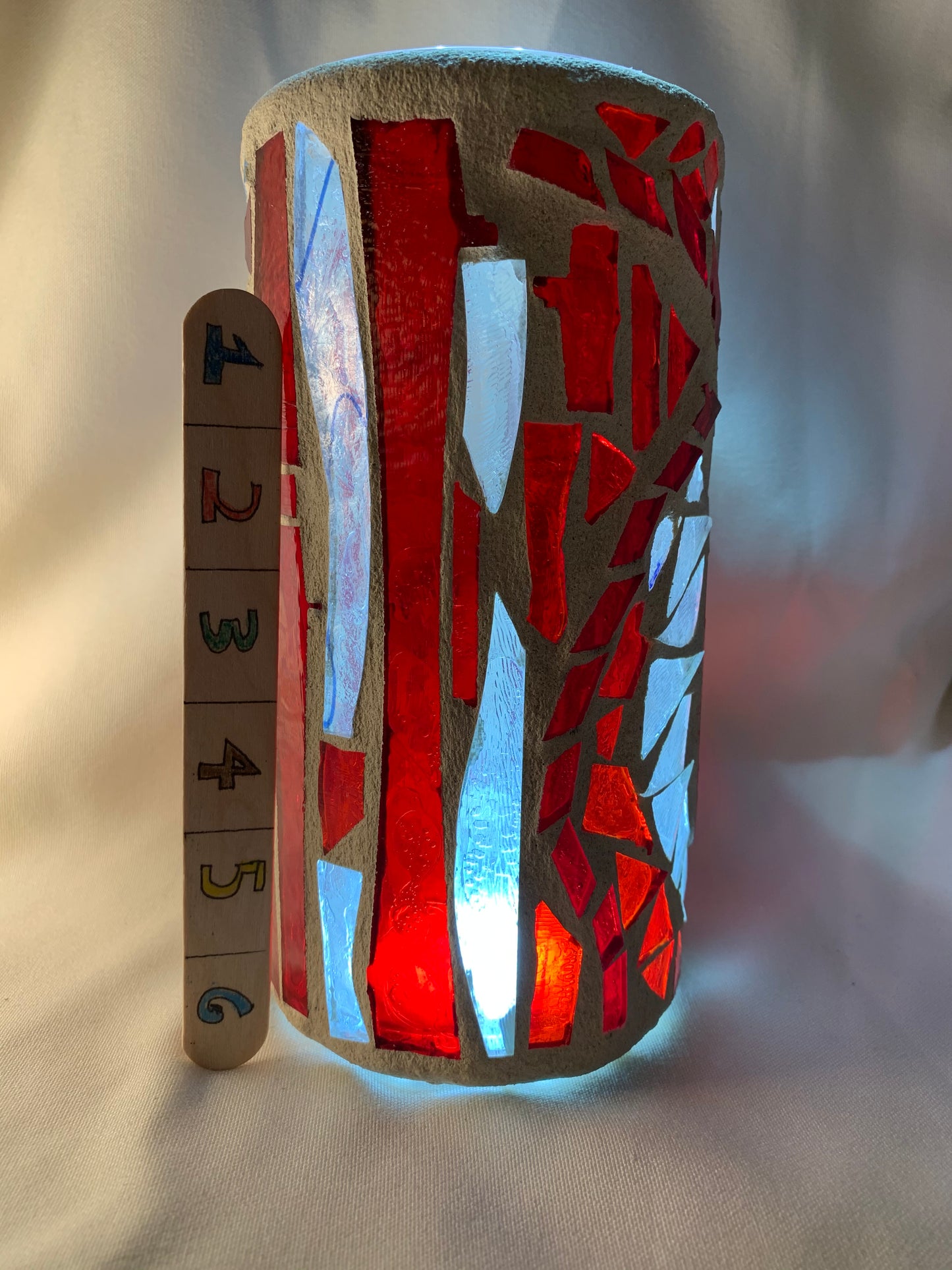 "Candy Cane" Stained Glass Candle Holder – Red, Clear Crystal, and Green Glass with Antique White Grout