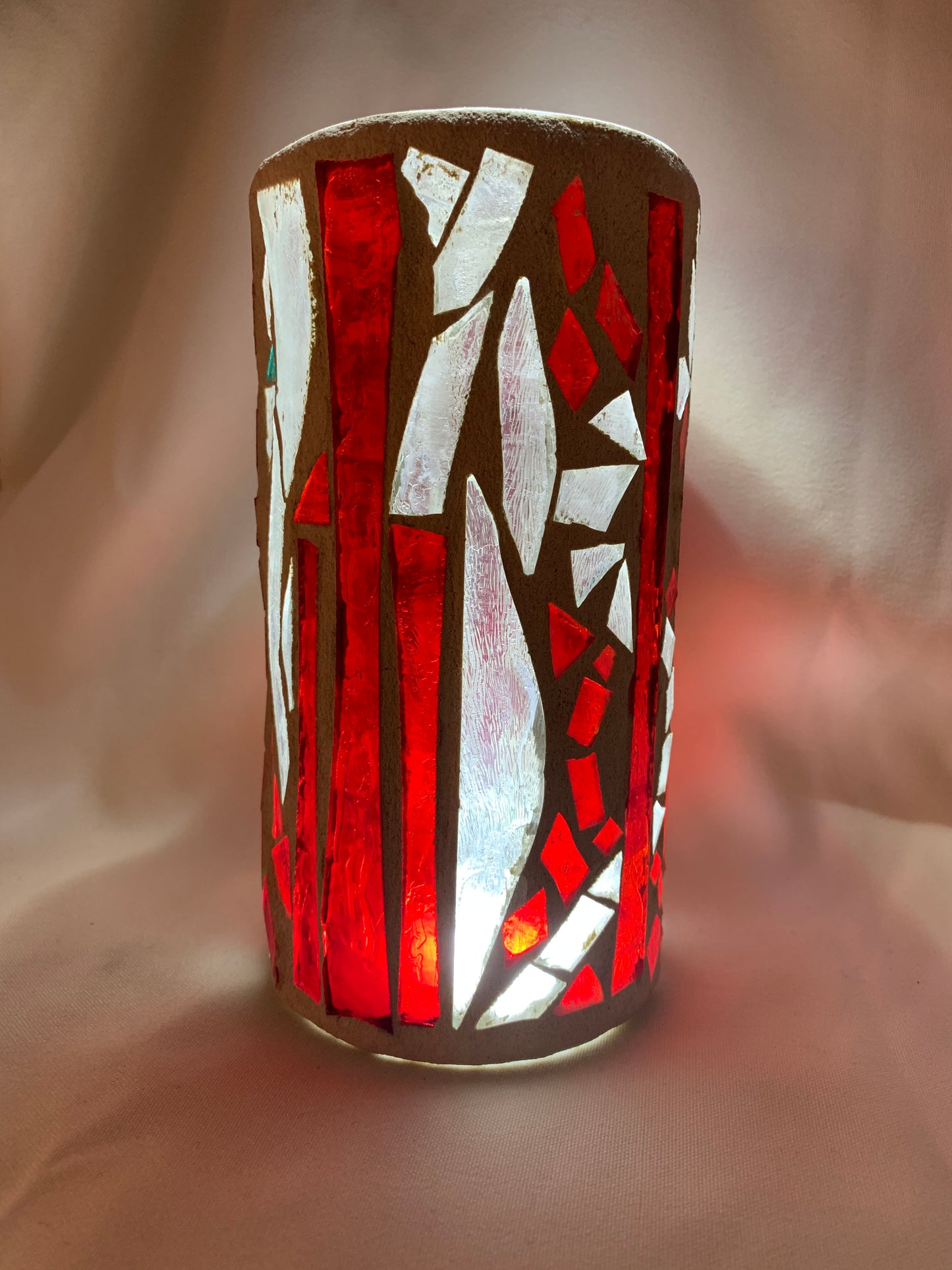 "Candy Cane" Stained Glass Candle Holder – Red, Clear Crystal, and Green Glass with Antique White Grout