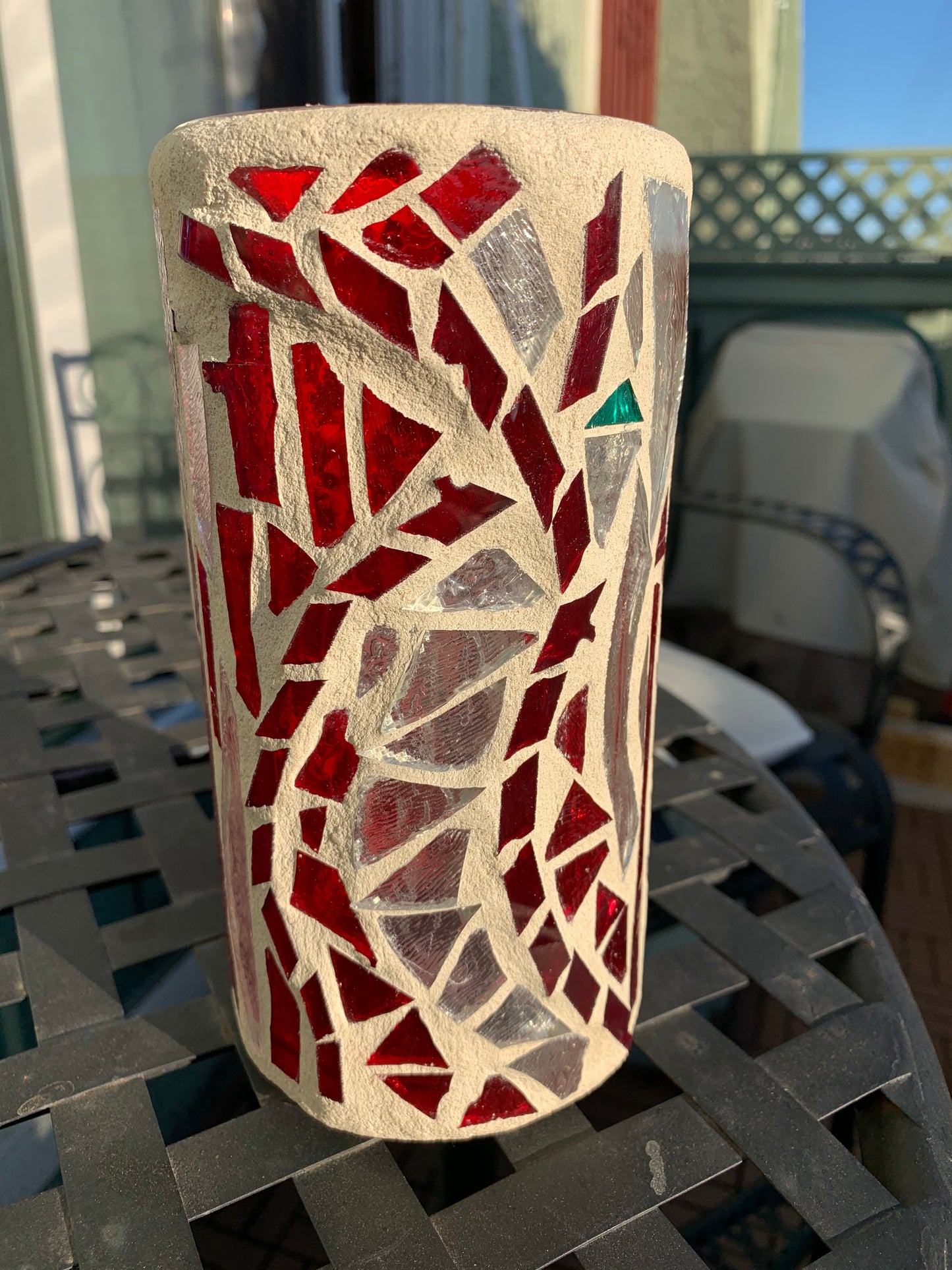 "Candy Cane" Stained Glass Candle Holder – Red, Clear Crystal, and Green Glass with Antique White Grout