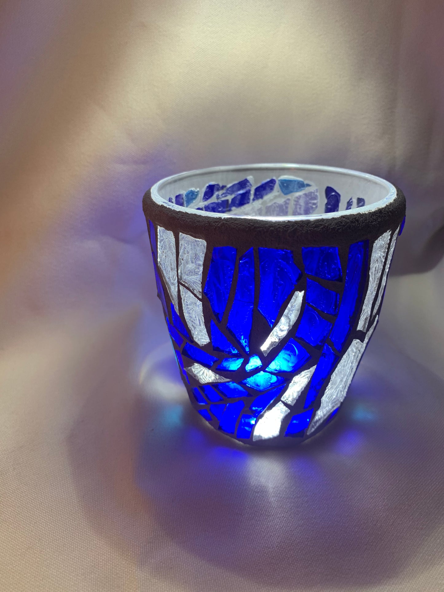 "Blue Crystal"  Stained Glass Candle Holder – Blue and Clear Glass with Delorean Gray Grout | Cathedral Candles"