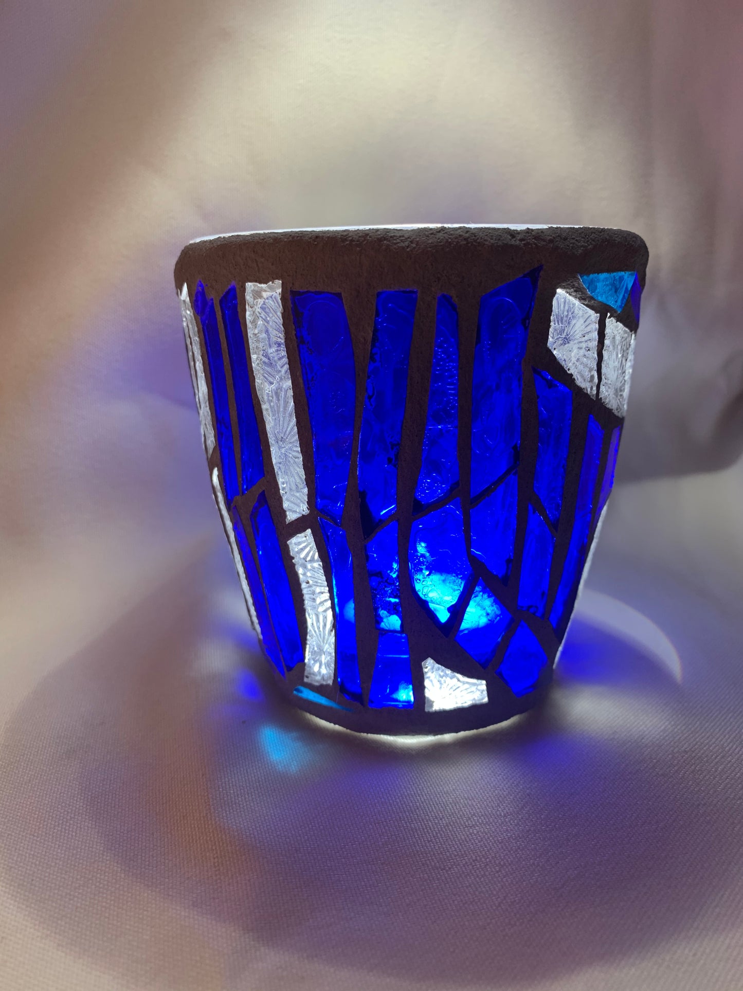 "Blue Crystal"  Stained Glass Candle Holder – Blue and Clear Glass with Delorean Gray Grout | Cathedral Candles"