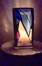 Load and play video in Gallery viewer, &quot;Black and Blue&quot;, Candle, candle holder, red and blue stained glass, white grout, crystal Clear glass
