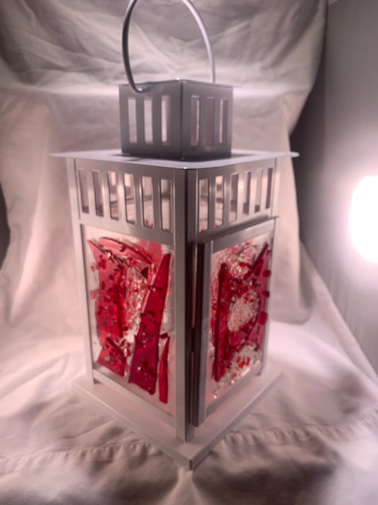 "Red Winter" - 12-inch Red Stained Glass Lantern for Cozy Home Décor