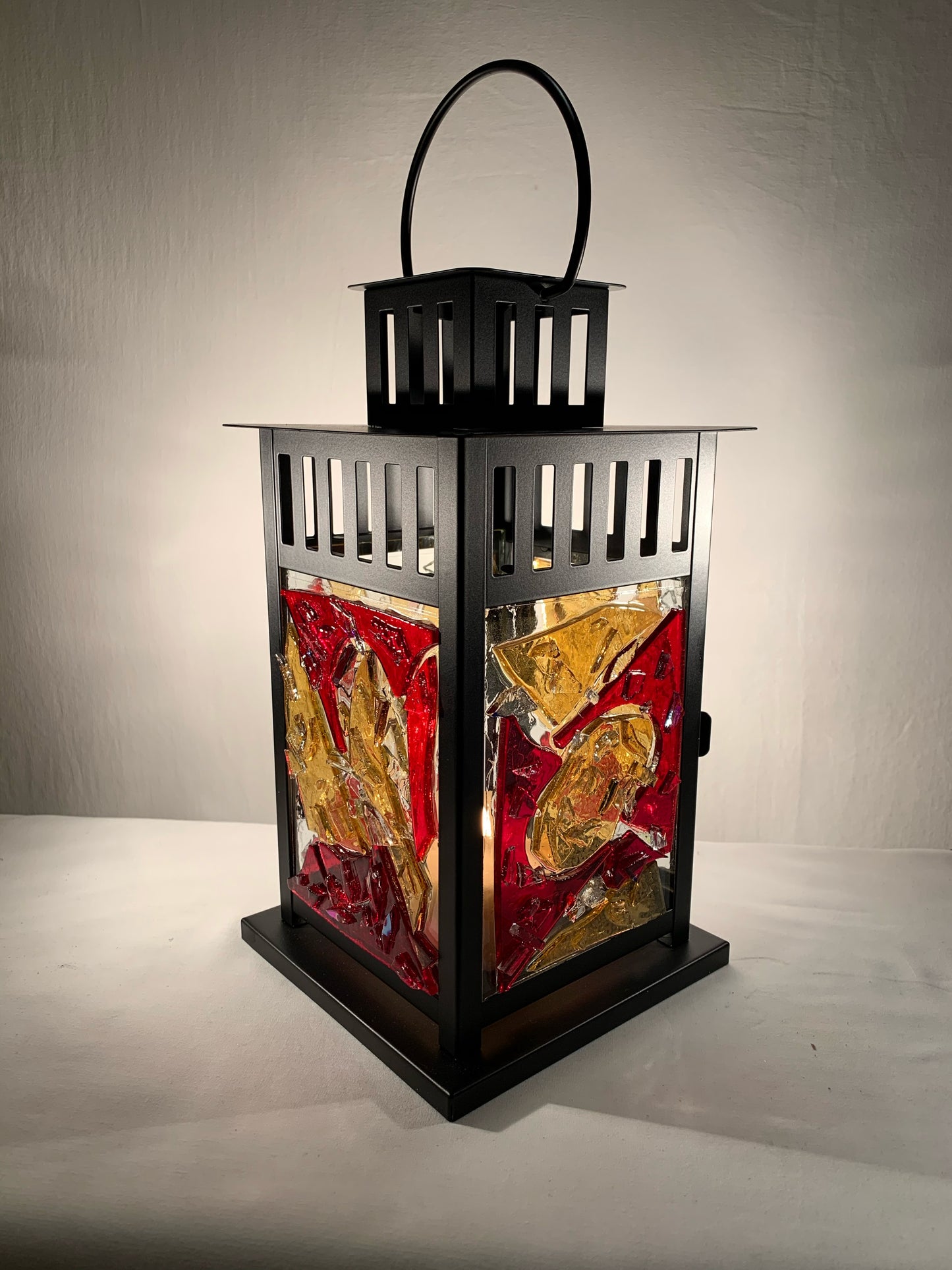 "Dark Magic: The Lantern" - Crimson, Yellow, and Clear Stained Glass, Halloween-Inspired Handcrafted Lantern"