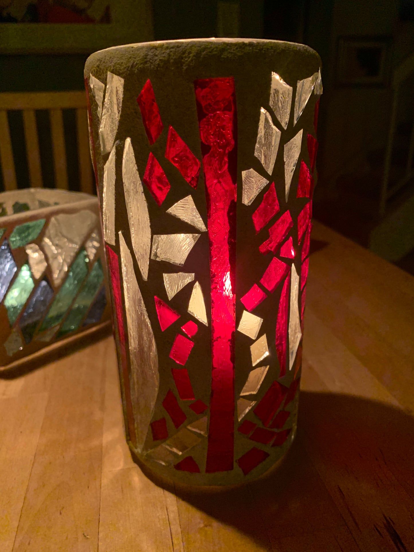 "Candy Cane" Stained Glass Candle Holder – Red, Clear Crystal, and Green Glass with Antique White Grout