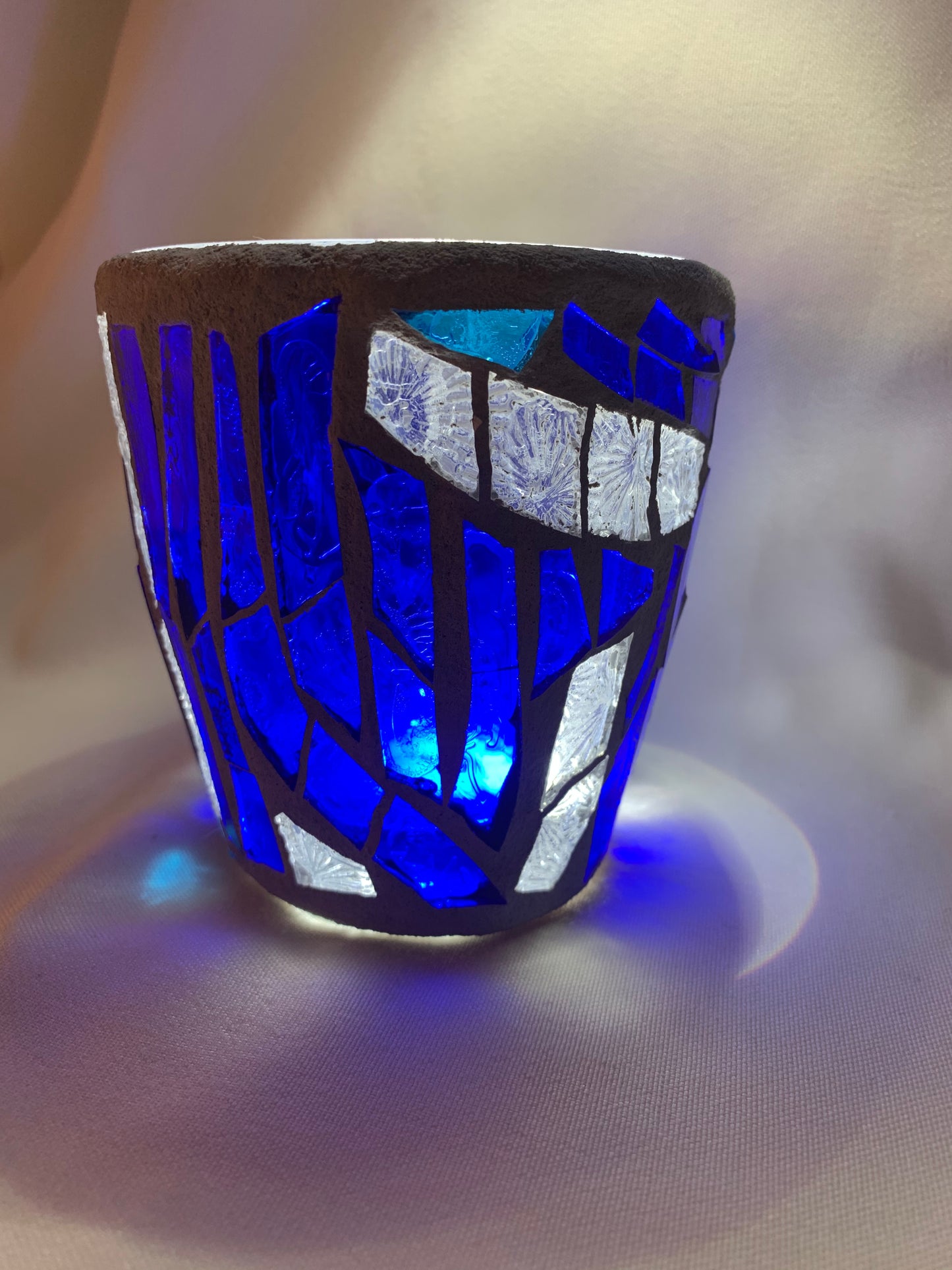 "Blue Crystal"  Stained Glass Candle Holder – Blue and Clear Glass with Delorean Gray Grout | Cathedral Candles"