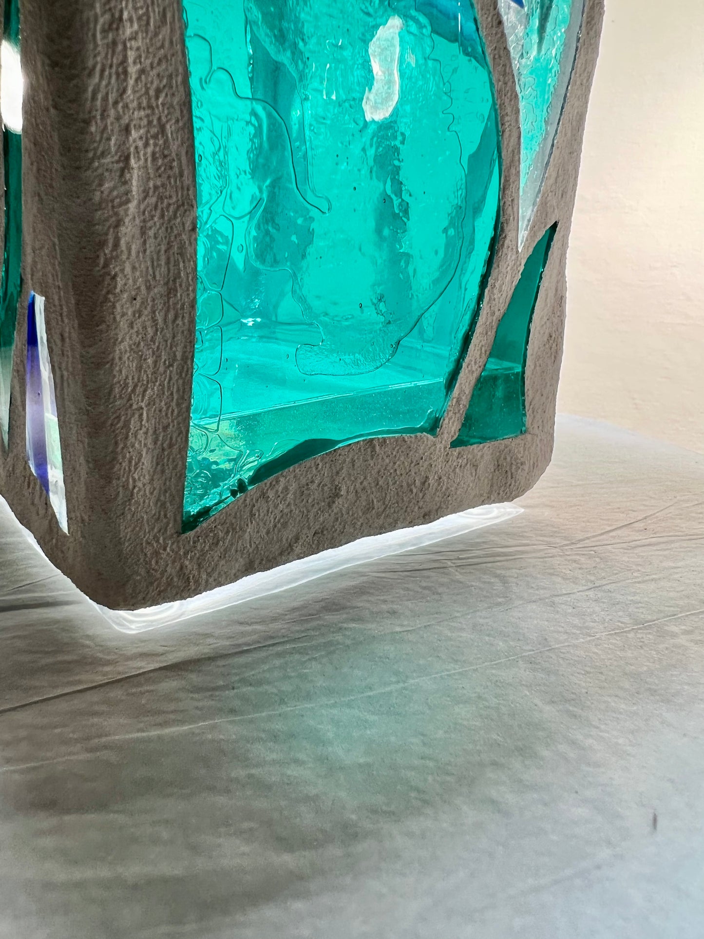 "Big Green Sister OHO"  Stained Glass Candle Holder – Green and Blue Glass with White Grout, 12x4x4”