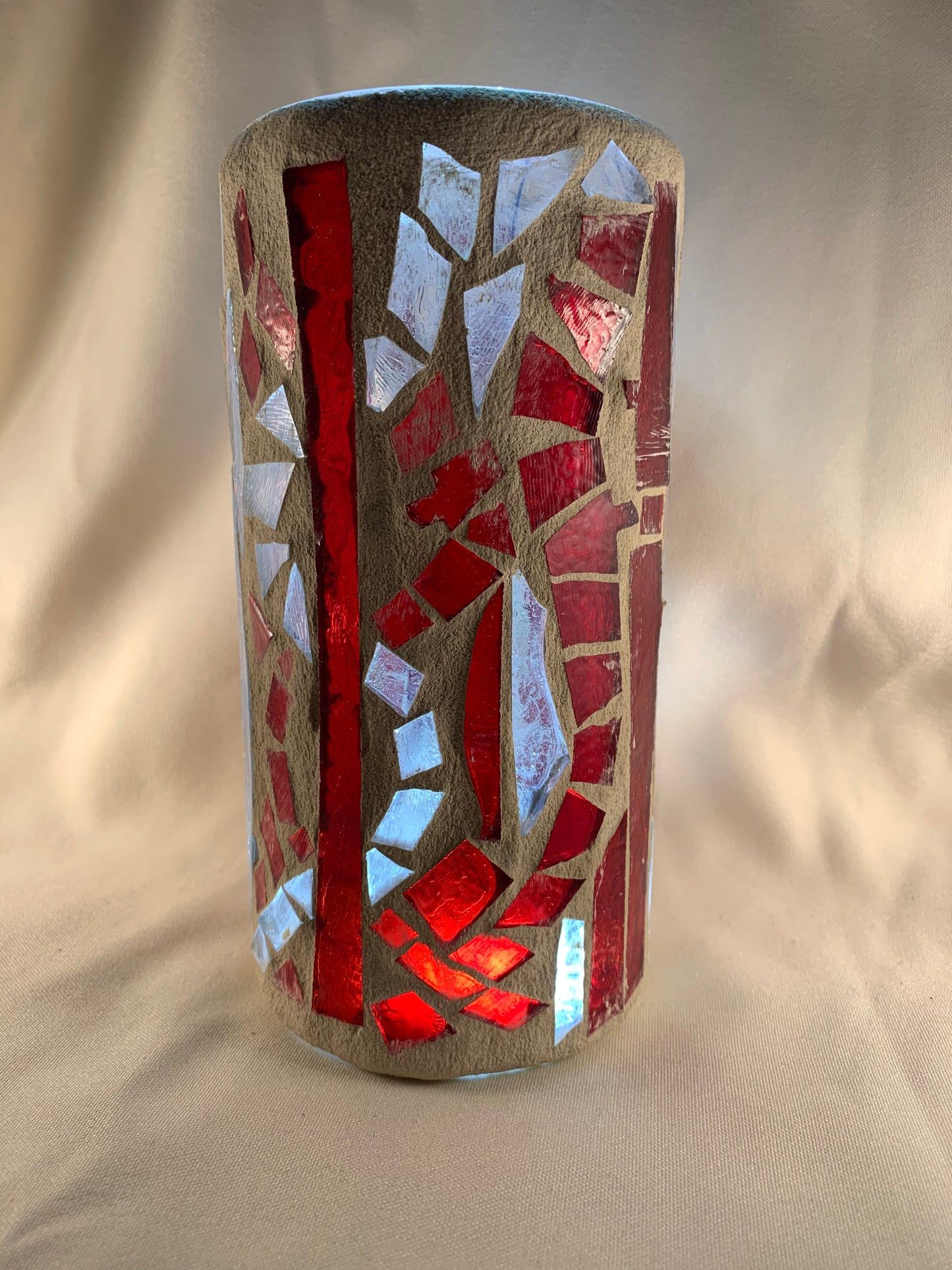 "Candy Cane" Stained Glass Candle Holder – Red, Clear Crystal, and Green Glass with Antique White Grout