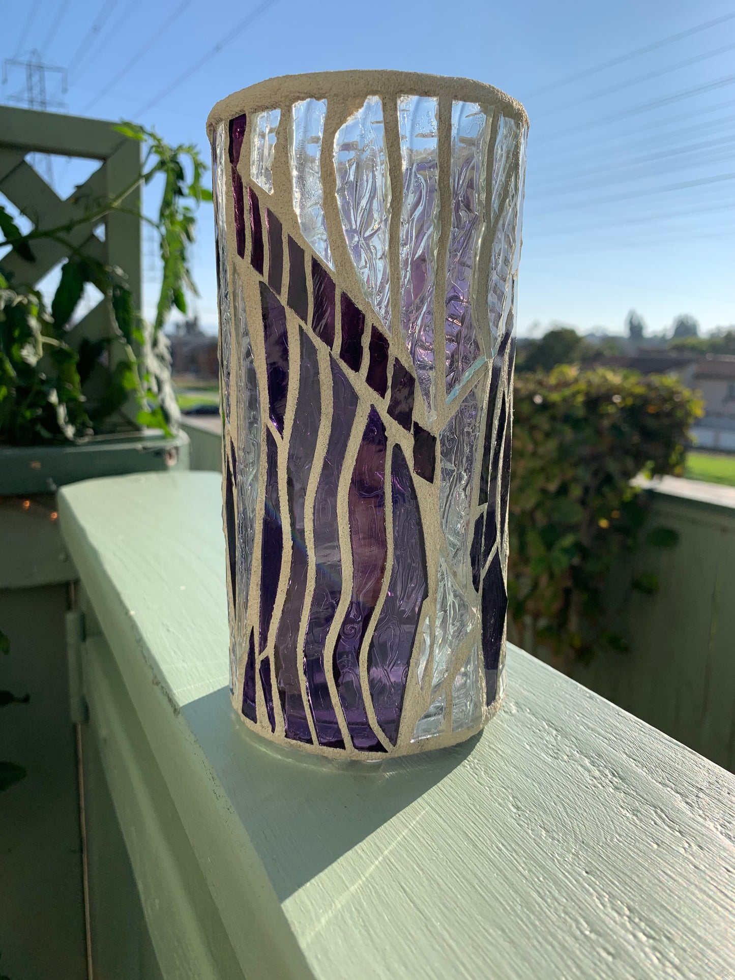 "The Purple Reign" - Regal Purple & Clear Crystal Stained Glass Candleholder