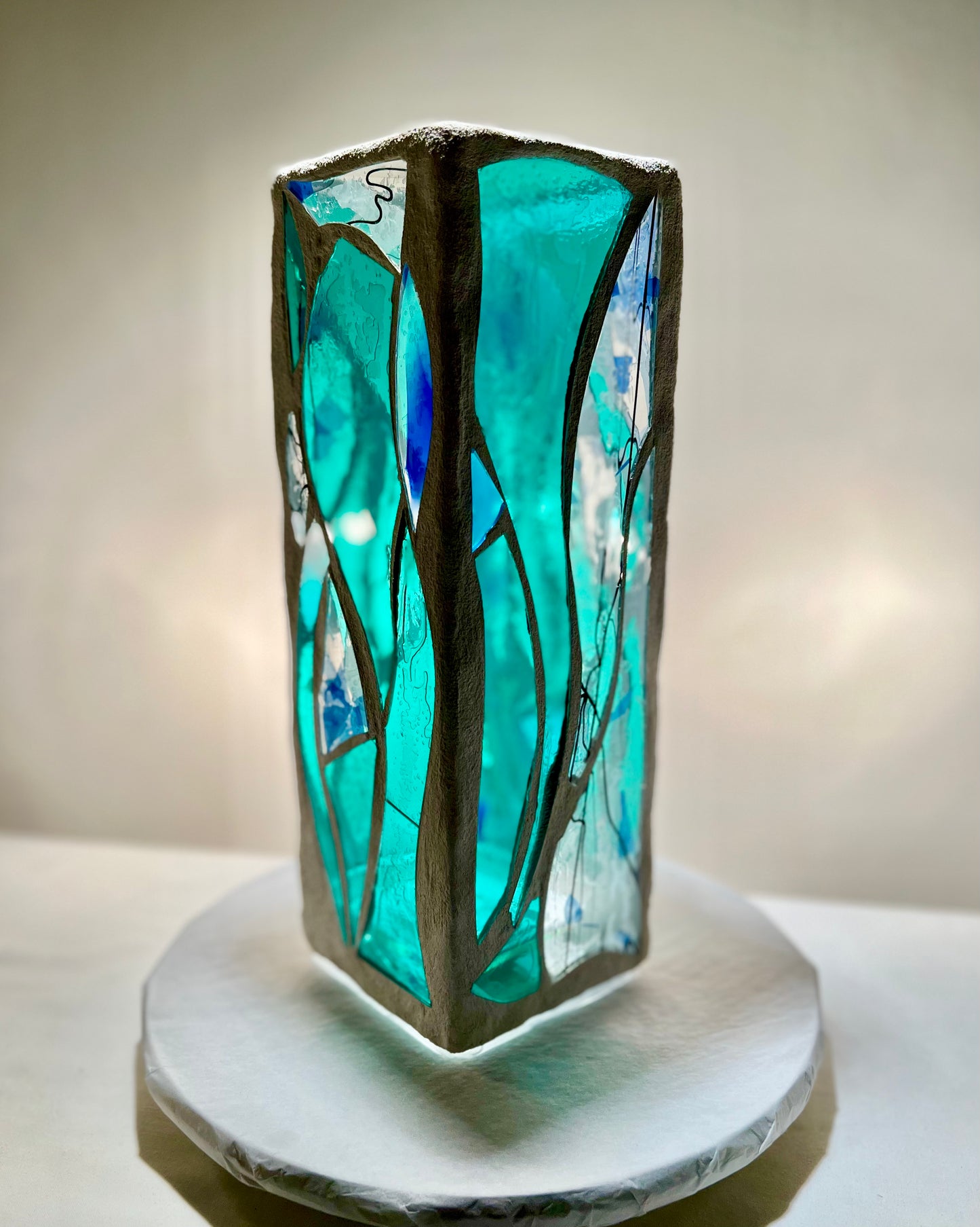 "Big Green Sister OHO"  Stained Glass Candle Holder – Green and Blue Glass with White Grout, 12x4x4”