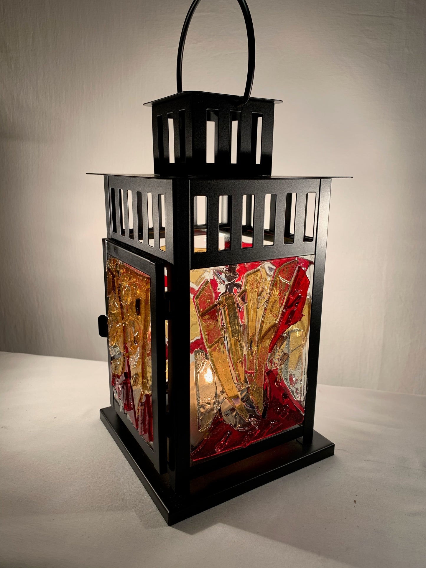 "Dark Magic: The Lantern" - Crimson, Yellow, and Clear Stained Glass, Halloween-Inspired Handcrafted Lantern"