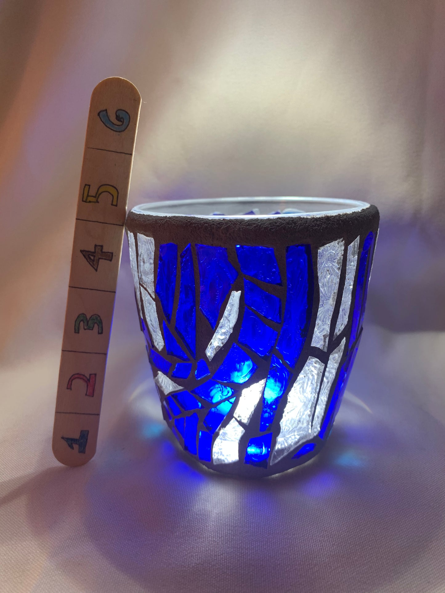 "Blue Crystal"  Stained Glass Candle Holder – Blue and Clear Glass with Delorean Gray Grout | Cathedral Candles"