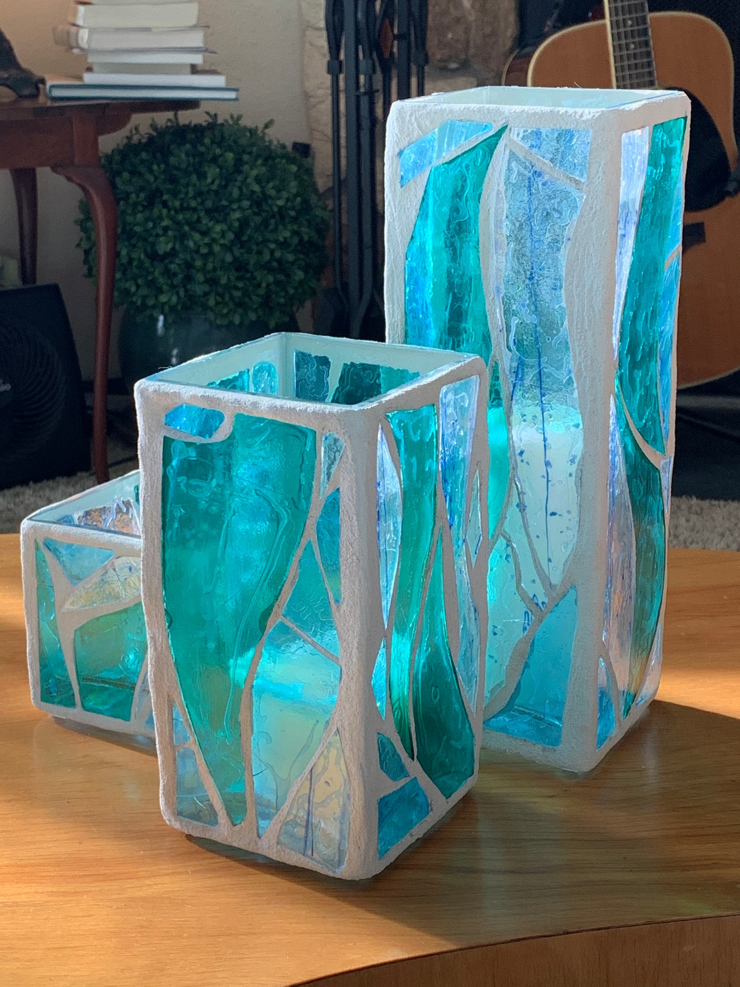 "Big Green Sister OHO"  Stained Glass Candle Holder – Green and Blue Glass with White Grout, 12x4x4”